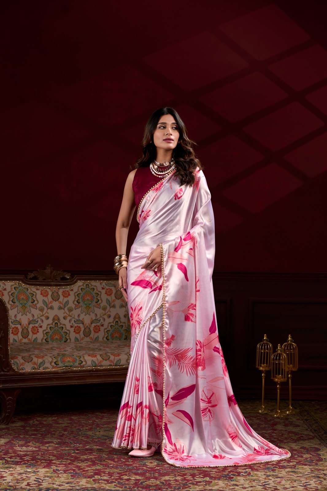 satin saree collection pearl edged floral satin saree catalogue kalki ynf7028 saree saree fabric satin silk saree work floral print with pearl lace border blouse unstitched saree