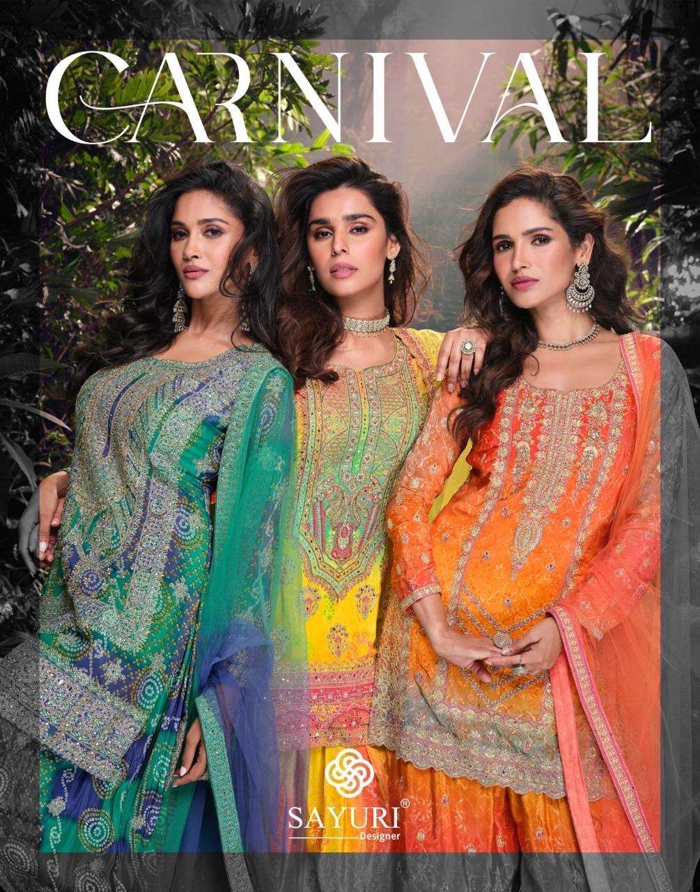 sayuri designer catalogue carnival 5723 series fabric premium real chinon silk heavy look embroidered top with hand mirror work and embroidered plazzo with embroidered net dupatta