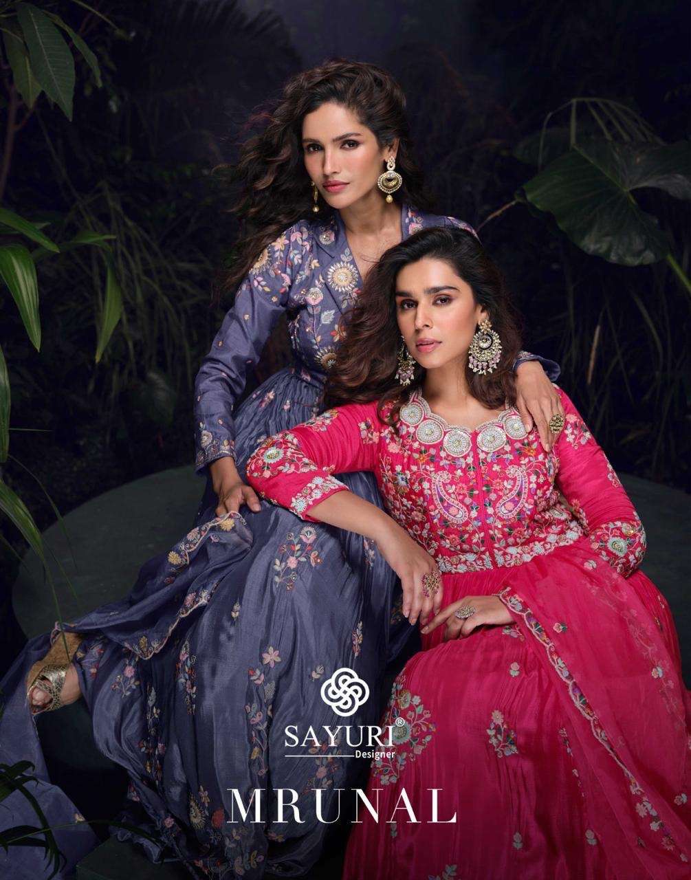 sayuri designer catalogue mrunal series 5742 to 5743 fabric premium real chinon silk heavy look multi threads handwork embroidered front and back gown  with embroidered organza dupatta