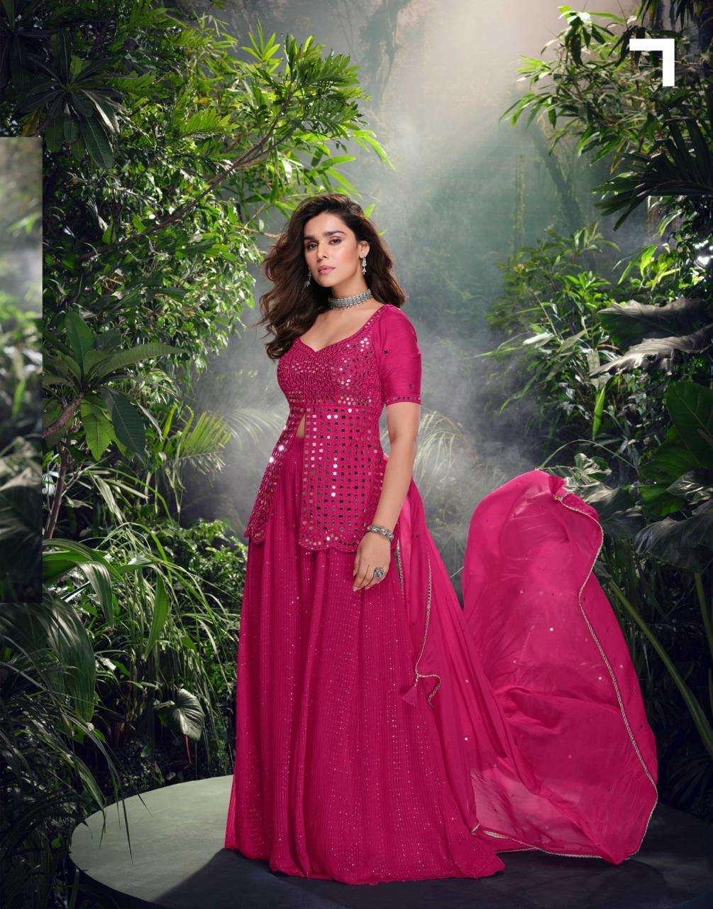 sayuri designer catalogue shivani series 5699 to 5701 fabric premium real chinon silk n real gerogette front and back  embroidered hand mirror work top with embroidered plazzo and dupatta
