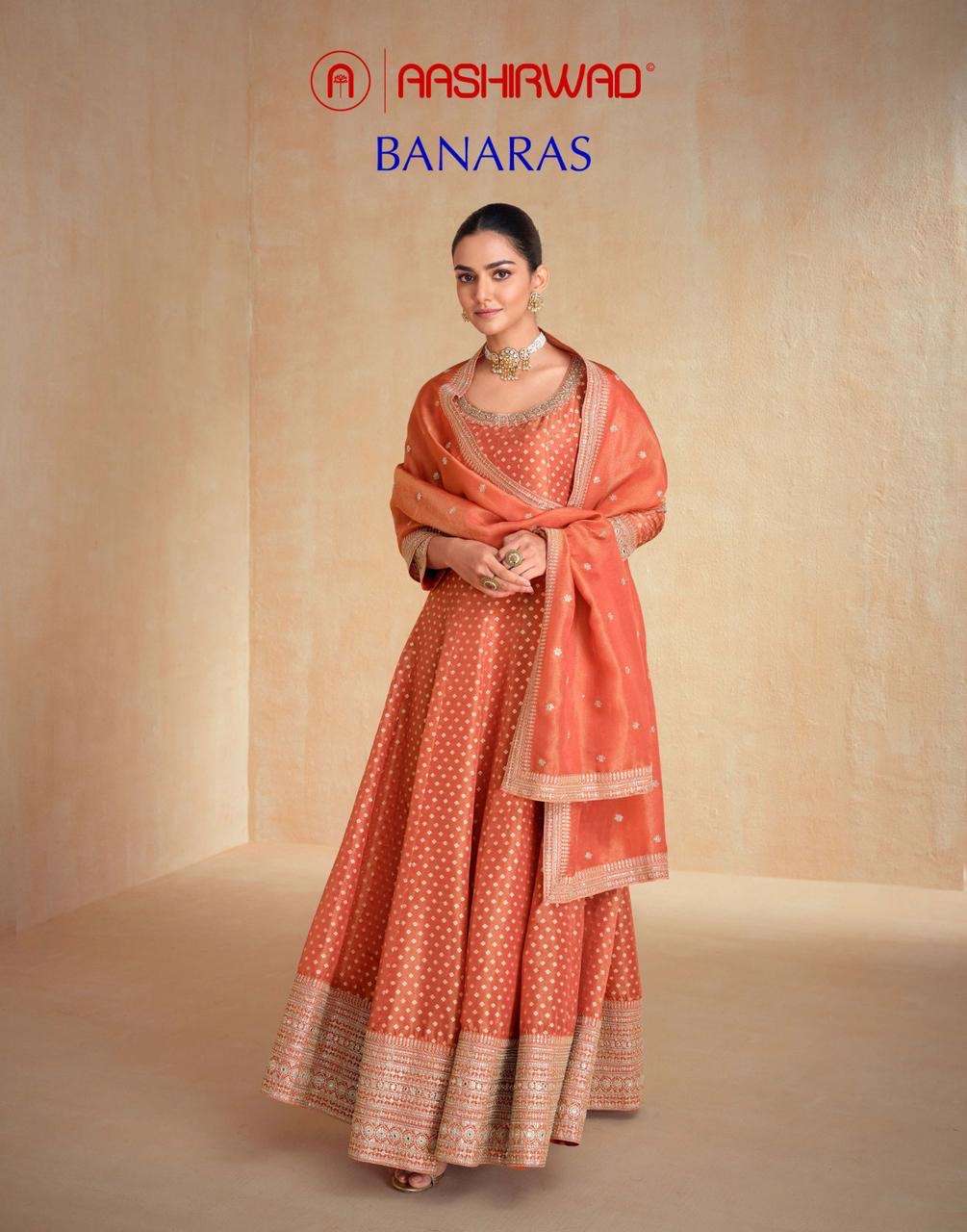 aashirwaad creation catalogue banaras series 10215 to 10216 top pure organza  jacquard silk free size stitch  duptta pure organa silk designer readymade gown style dresses