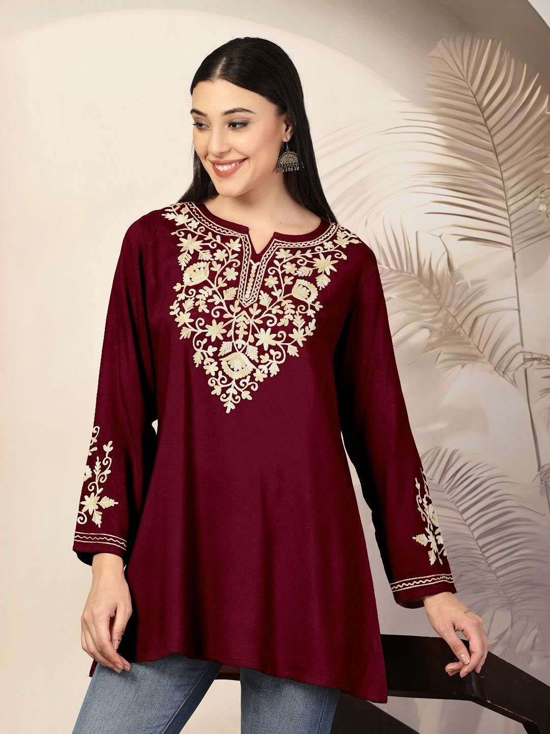 adaa trending short length kurti with embroidery work fabric heavy rayon with embroidery work neck and sleeves size m to xxl dailywear kurties