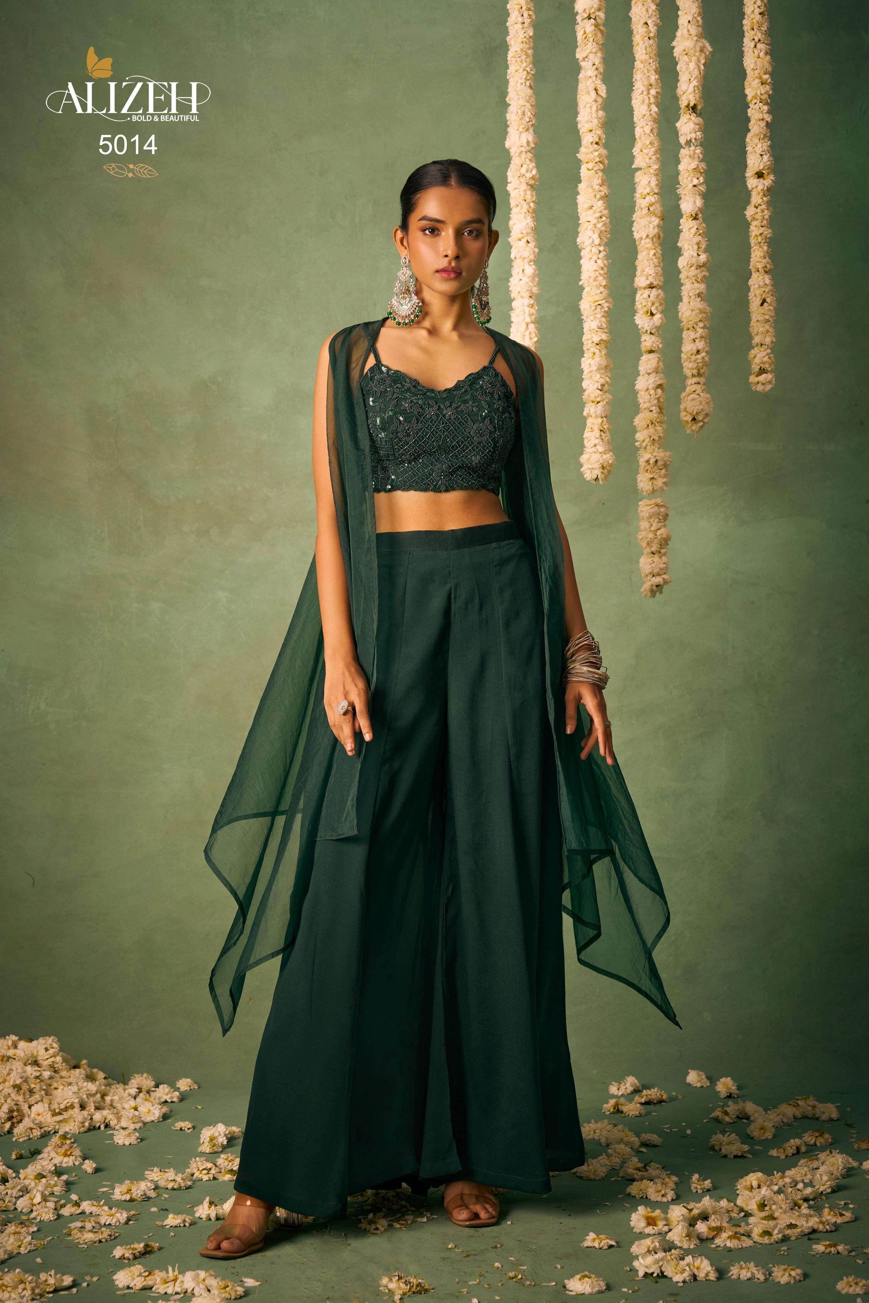 alizeh official catalogue bahaar series 5014 to 5015 designer partywear croptop with jacket stype duppta and sharar pant designer indowestern indo western shararas collection 