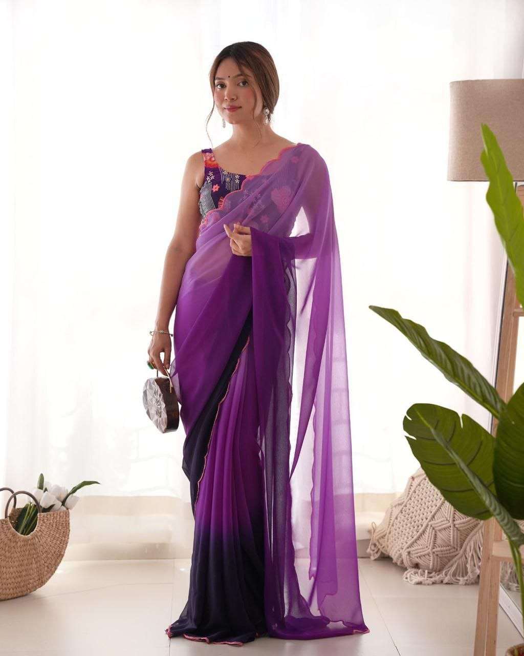 beautiful casual saree collection kc 837 saree fabric faux dual shaded georgette with fancy arco border blouse fabric n work faux georgette with multi embroidery sequins work unstitched