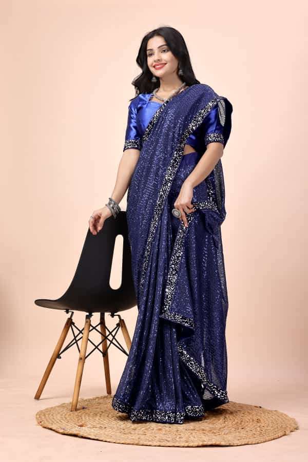 blueberry fabric premium color export quality fine yard fabric heavy full sequins work saree with sequin lace border blouse silk blouse with sequins sleeve border saree
