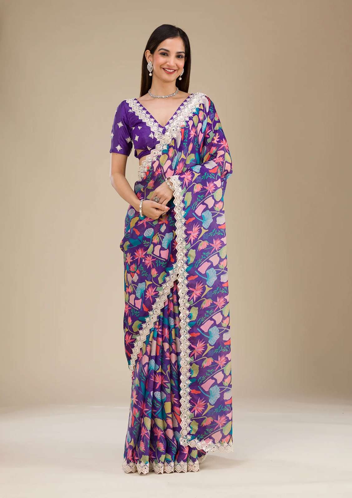 bollywood trendz design number bt 404 saree detail saree fabric georgette saree work digital prints n embroidery codding n sequins work saree patten fancy cutwork border
