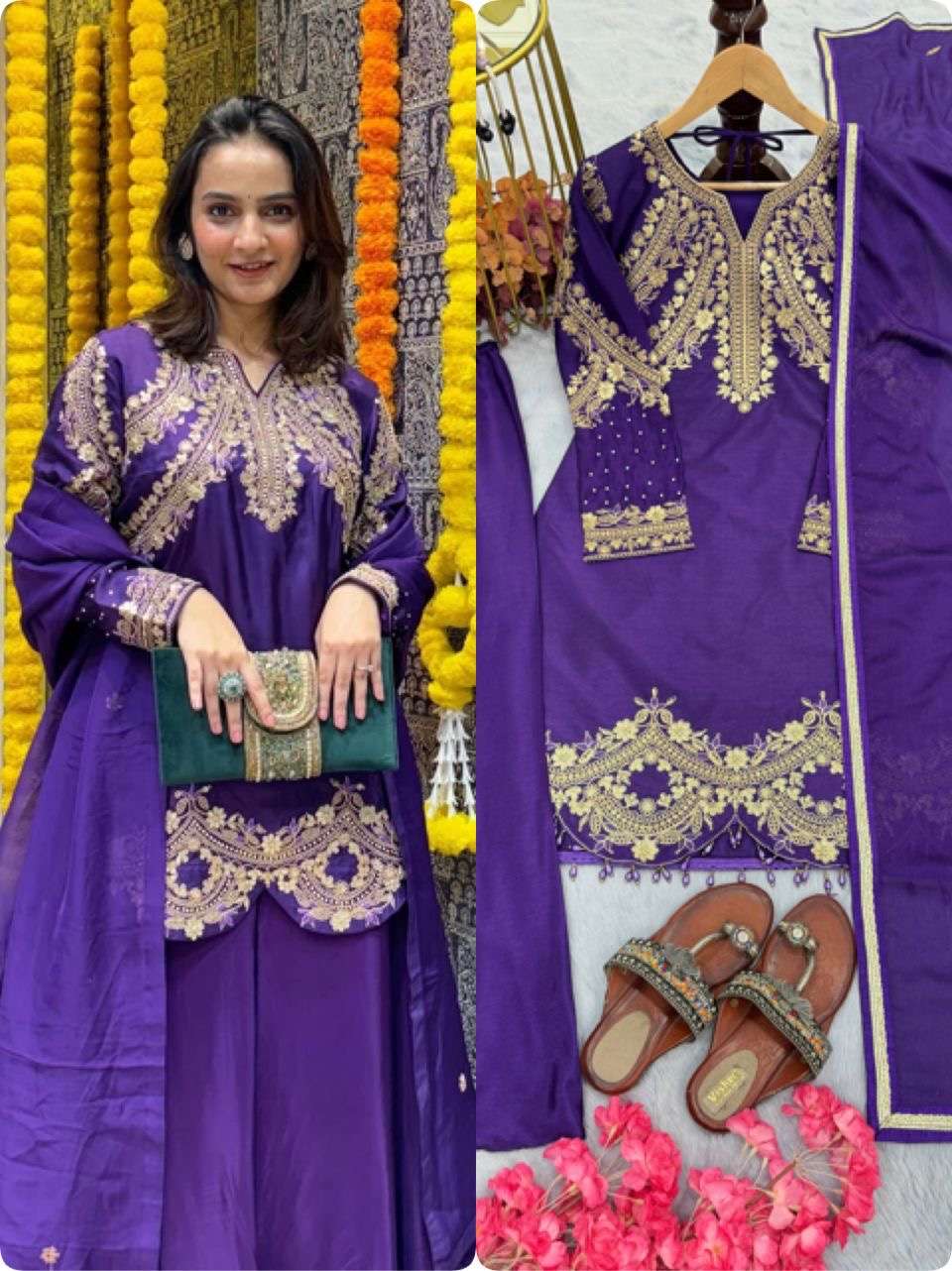 designer party wear look pur chinon silk top plazzo n dupatta set code pd 1079 size m to xxl heavy chinon silk  with embroidery 3 mm sequence n coding dori work with rivet moti work