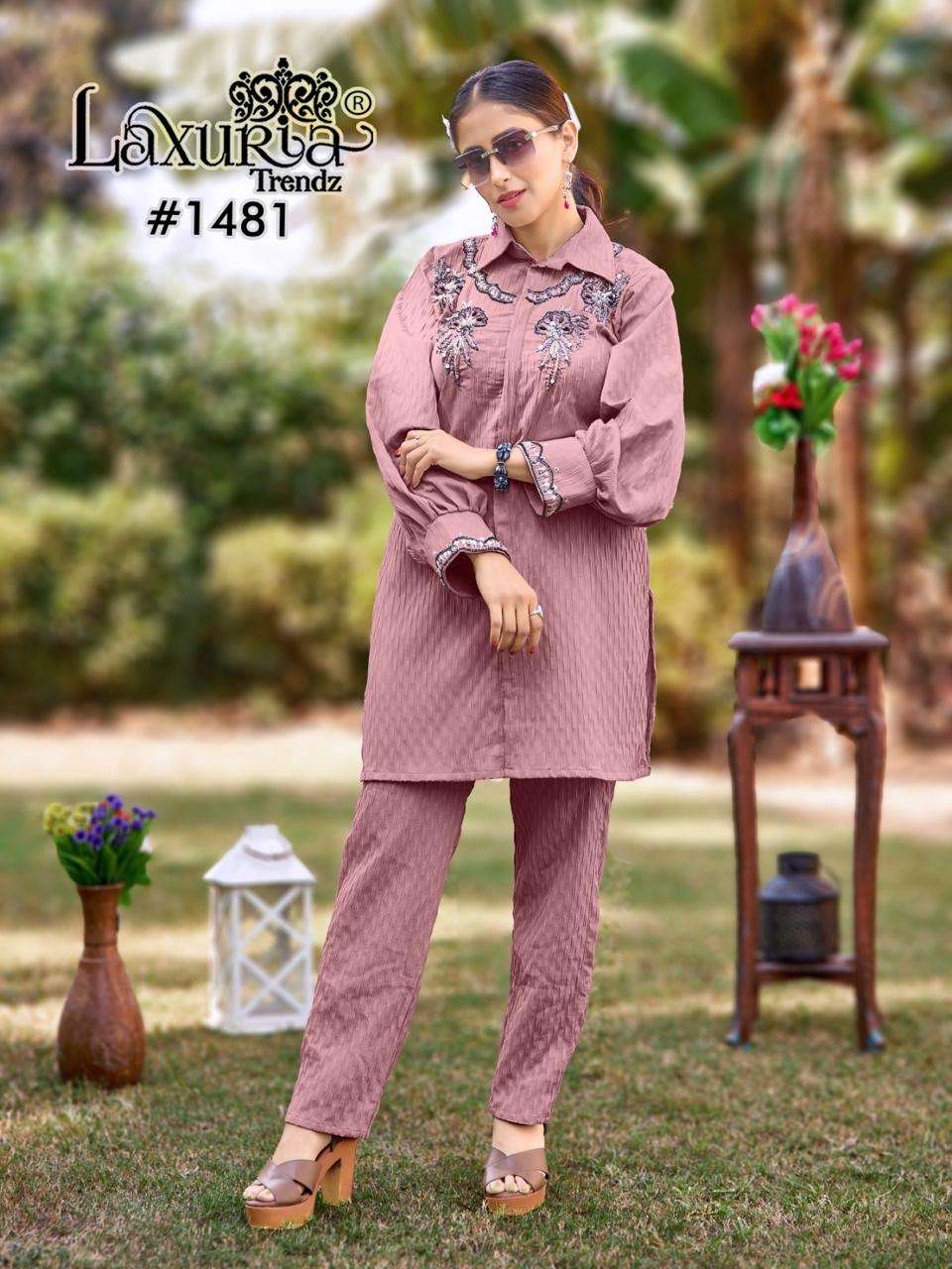 designer partywear cord set laxuria trendz design number 1481 designer tunic with gorgeous heavy handwork tunic n glamours paired with hand work sleeve n pant