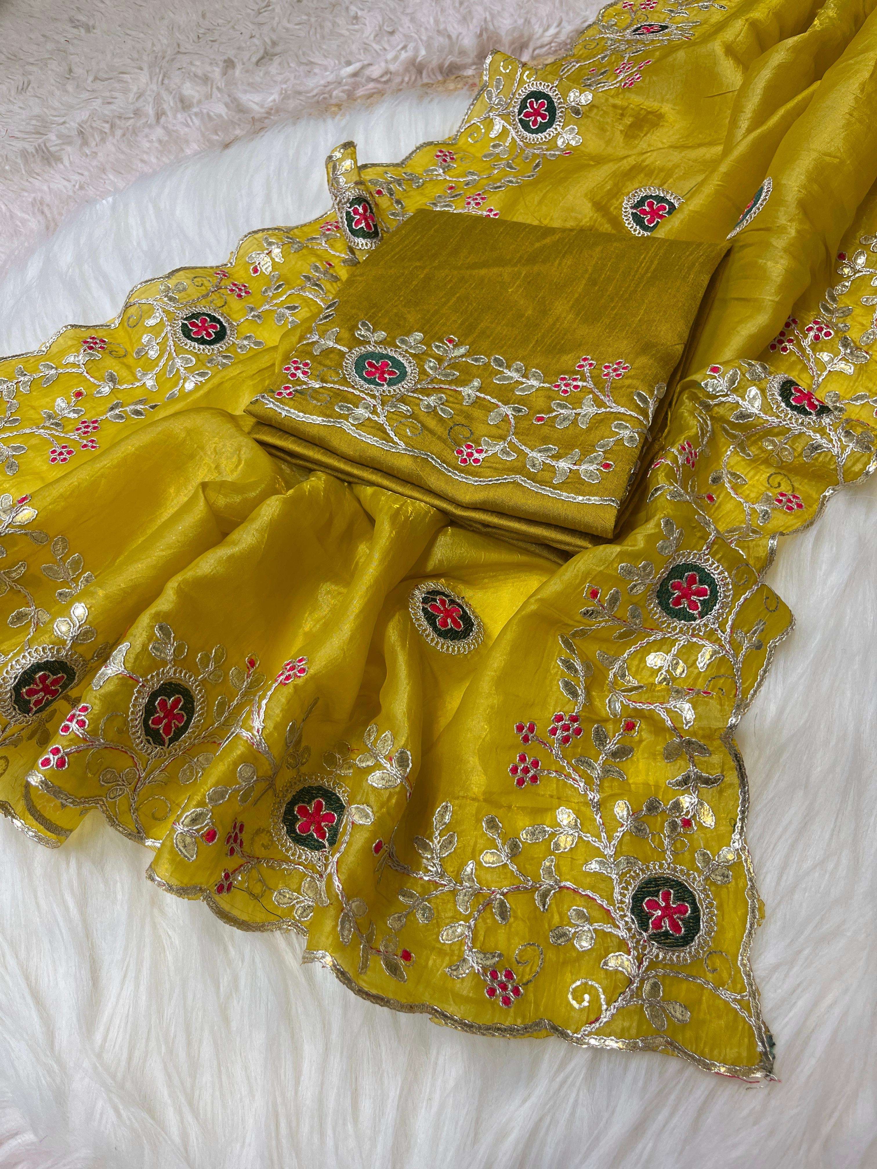 designer saree fabric soft gold crush work heavy cpallu gotapatti coding nd multi work with whole saree butti nd cut work border blouse heavy mono with work unstitched designer saree 