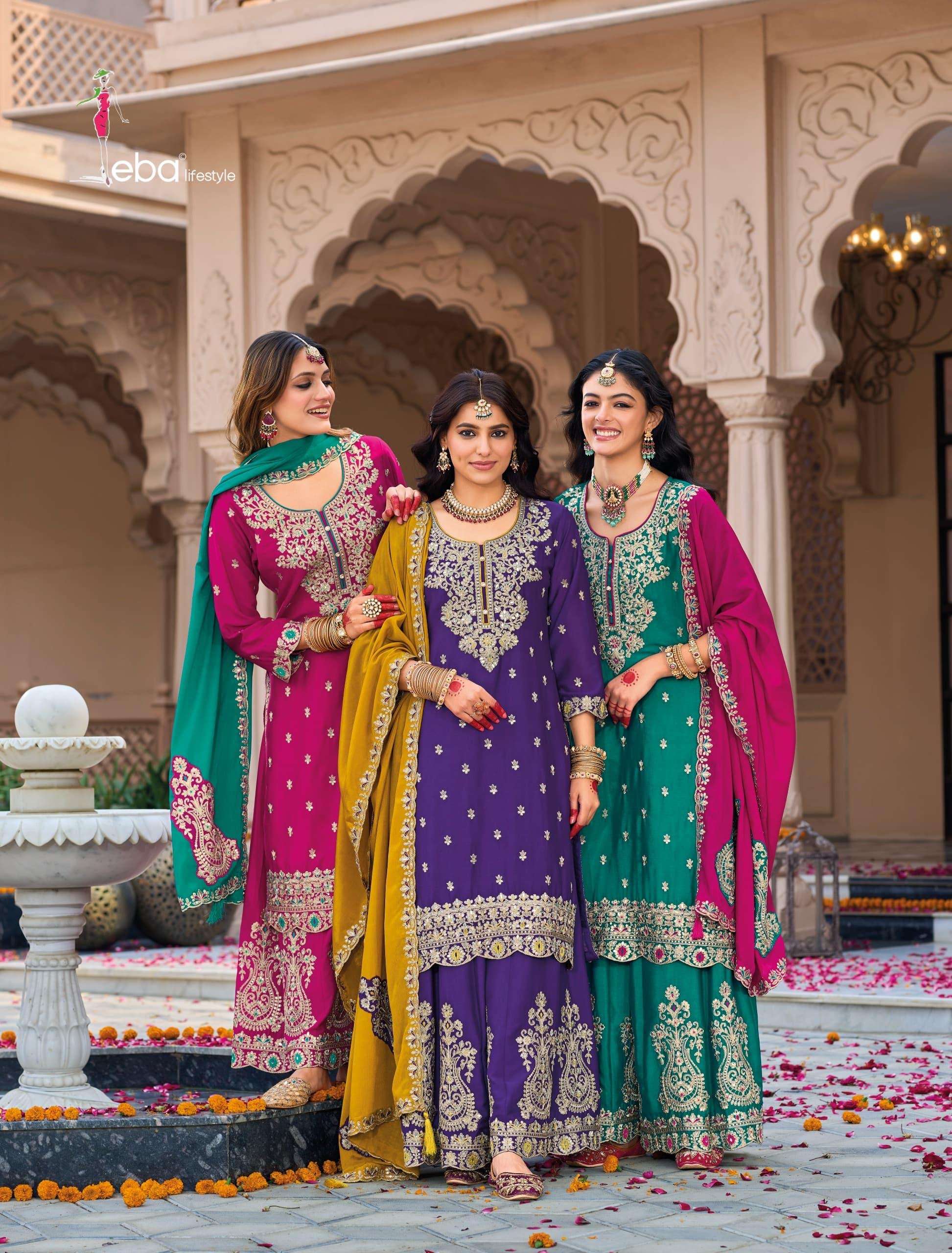 eba lifestyle catalogue nikhar top heavy chinon with embroidery work  duppta heavy chinon with  emboidery work plazo heavy chinon with embroidery front n back work 