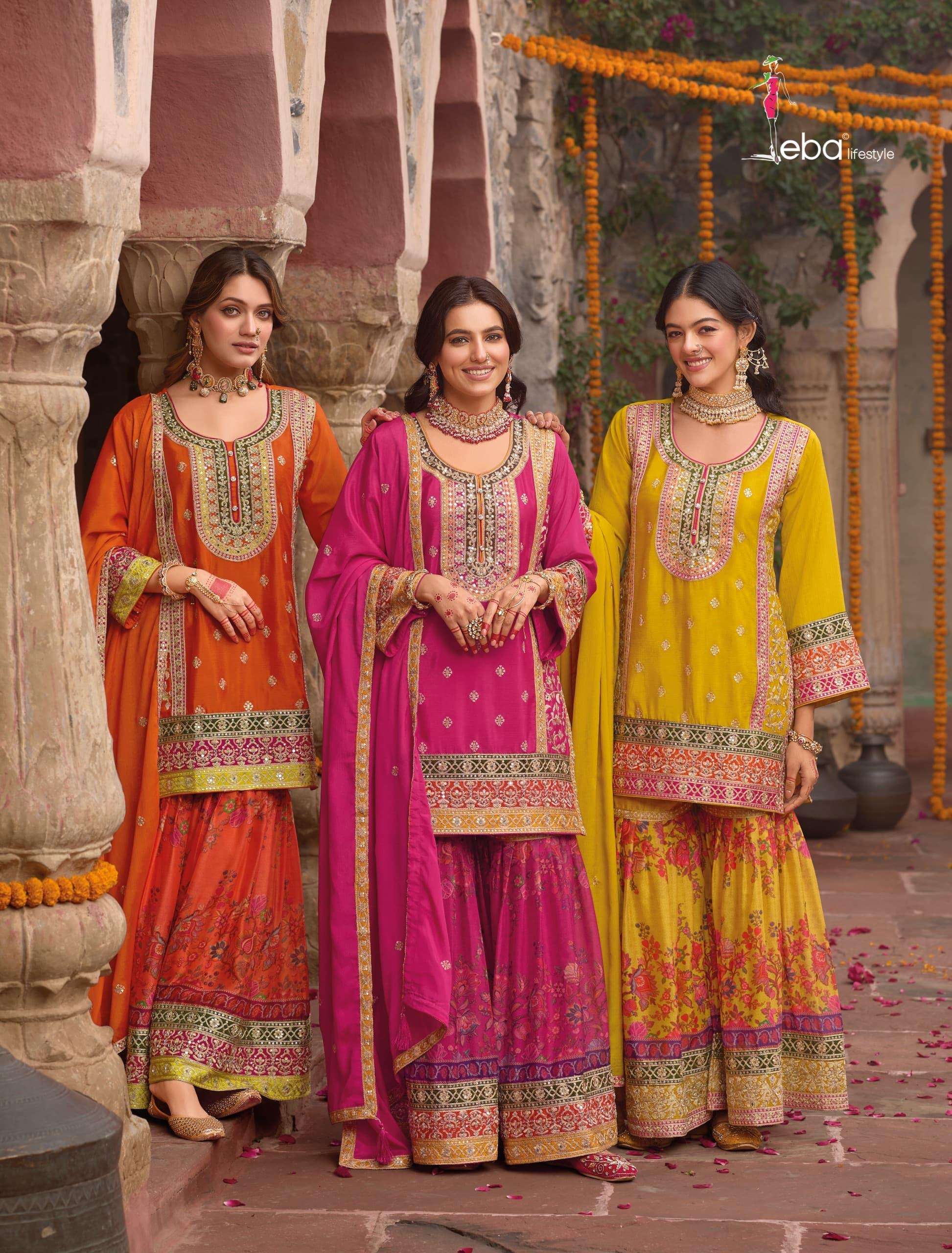 eba lifestyle catalogue rang 2 series top heavy chinon with emboidery work duppta heavy chinon with  emboidery work plazo digital with embroidery designer readymade suit