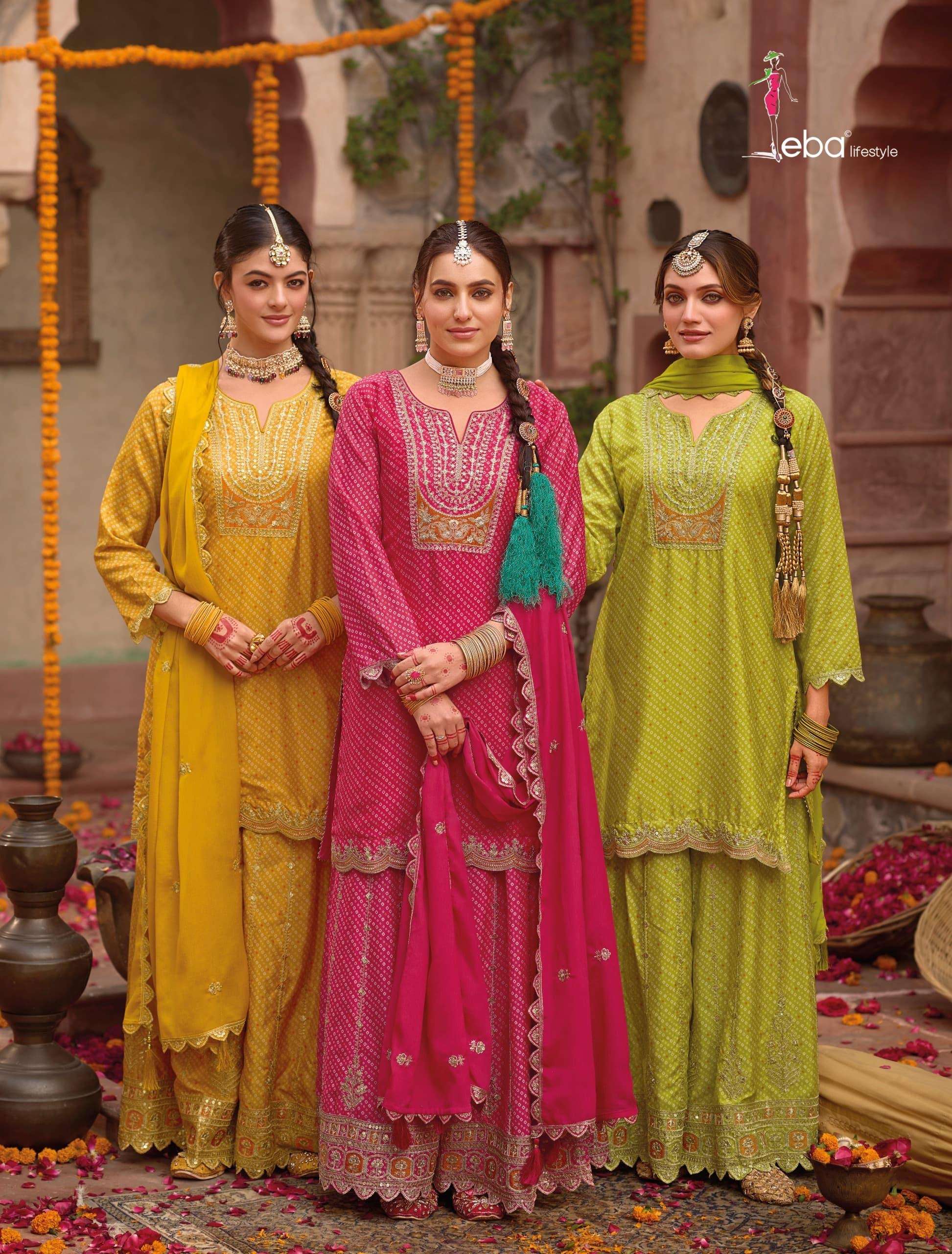 eba lifestyle catalogue rashmika series 1813 to 1815 top chinon digital print with emboidery work duppta heavy chinon with  emboidery work plazo chinon digital print with embroidery front n back work