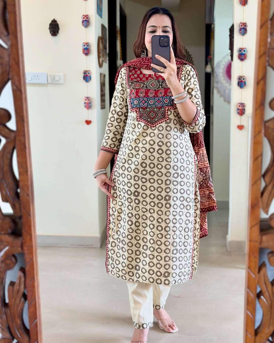 festive special featuring fully elegant premium muslin suit set which is beautifully decorated with hand khatli work and original mirror work with butti pattern readymade suits