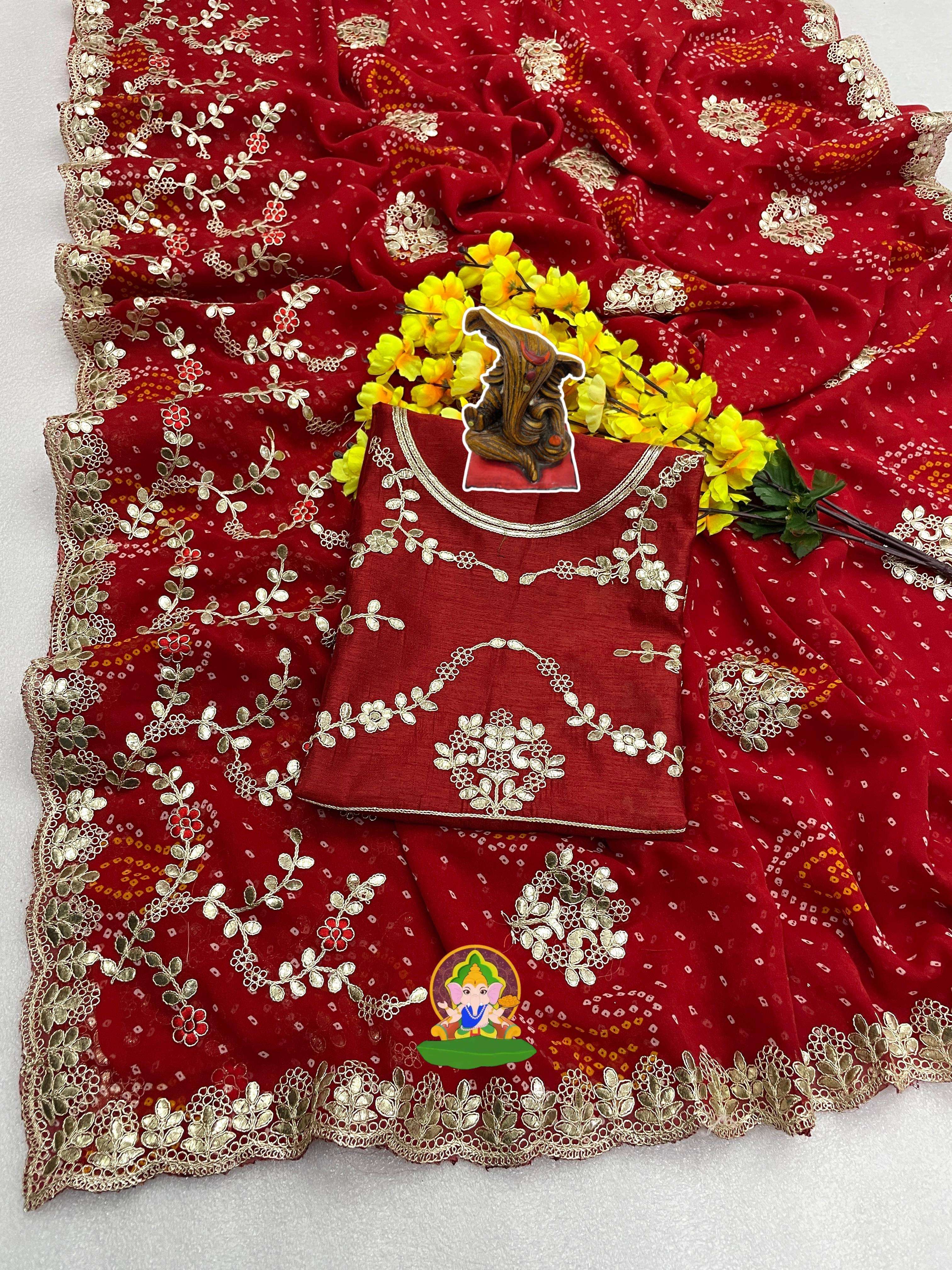georgette bandhej fabric n details soft georgette bandej saree with heavy cpallu gotapatti work heavy pallu work with cut work border n whole saree gotapatti butta work