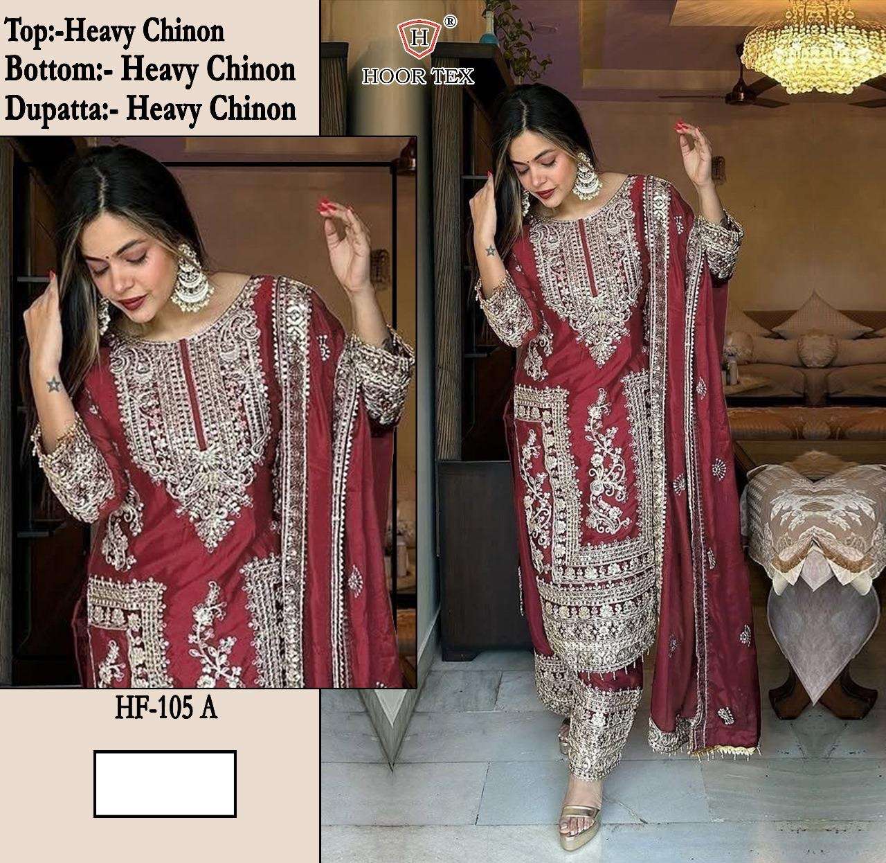 hoor tex presents new catalogue in pakistani full stitched hf 105 a to e top heavy chinon bottom heavy chinon dupatta heavy chinon size xl n xxl