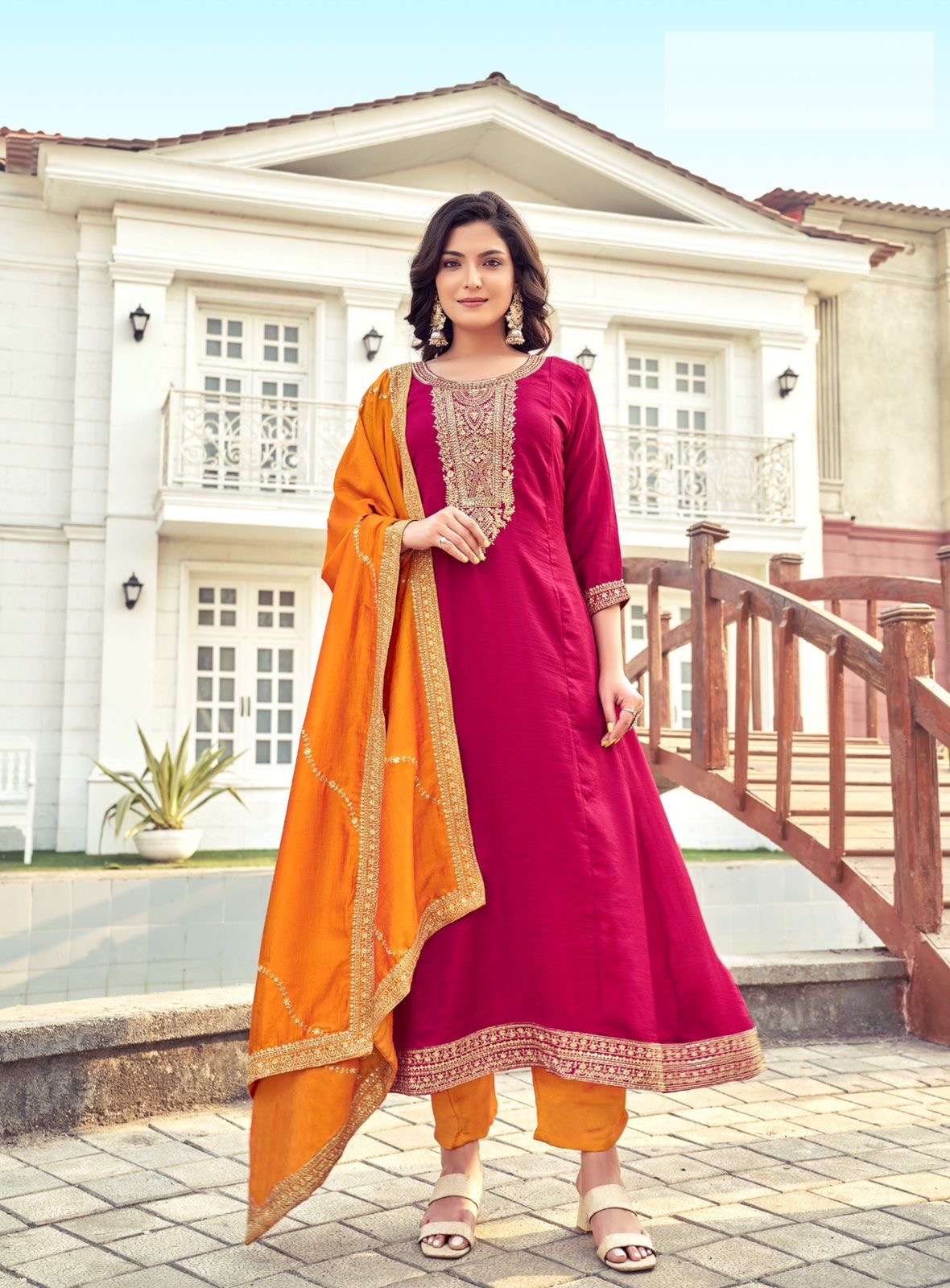 kalini ready to wear ethnic wear collection with full flair and boutique finish stitching fabric details vichitra with embroidery work with  inner bottom vichitra with inner dupatta size m to 3xl