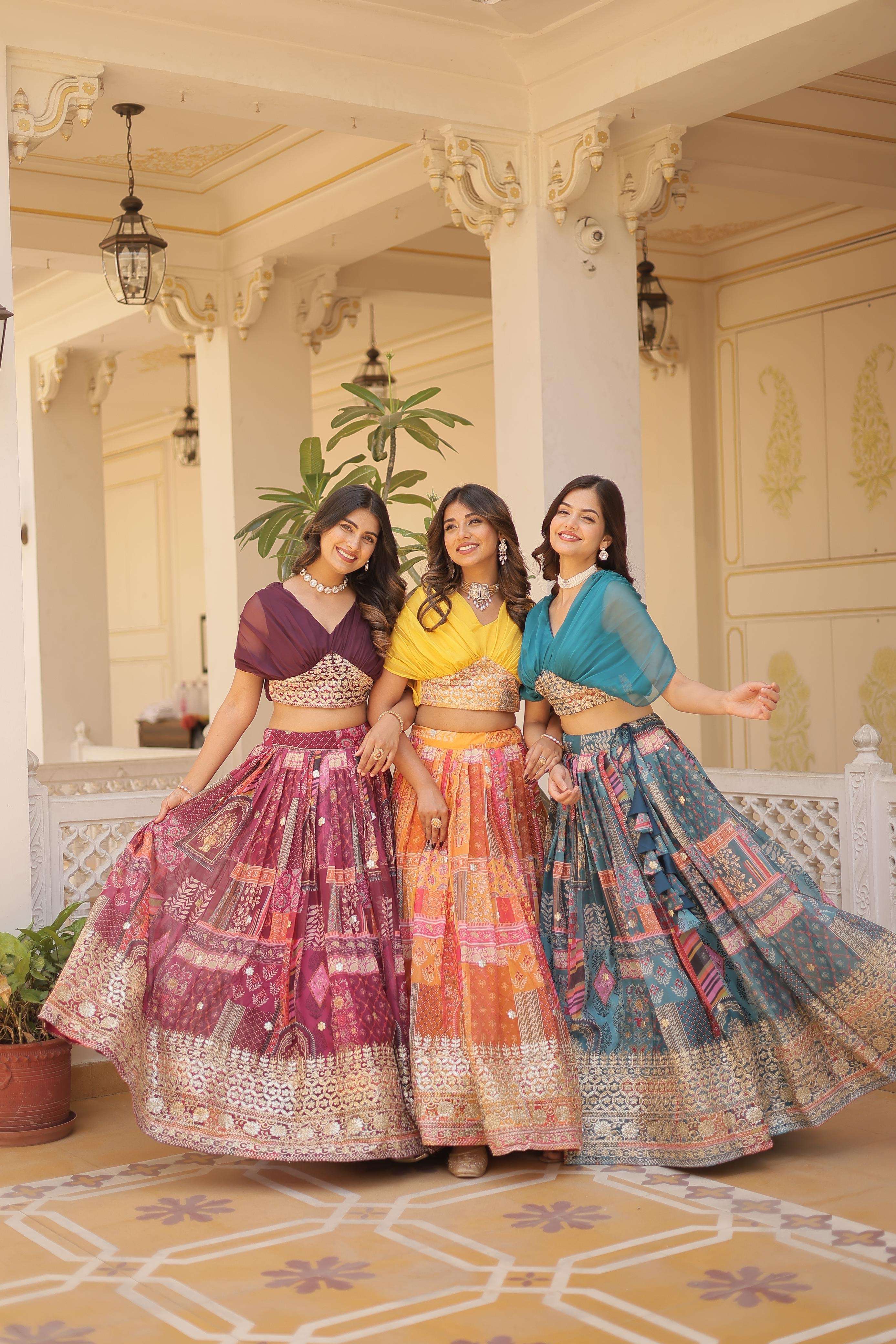 lehenga choli collections code ka 5032 lehenga full-stitched fabric work russian silk rich digital printed with foil embroidery work stitching type stitched with can can and canvas designer lehenga