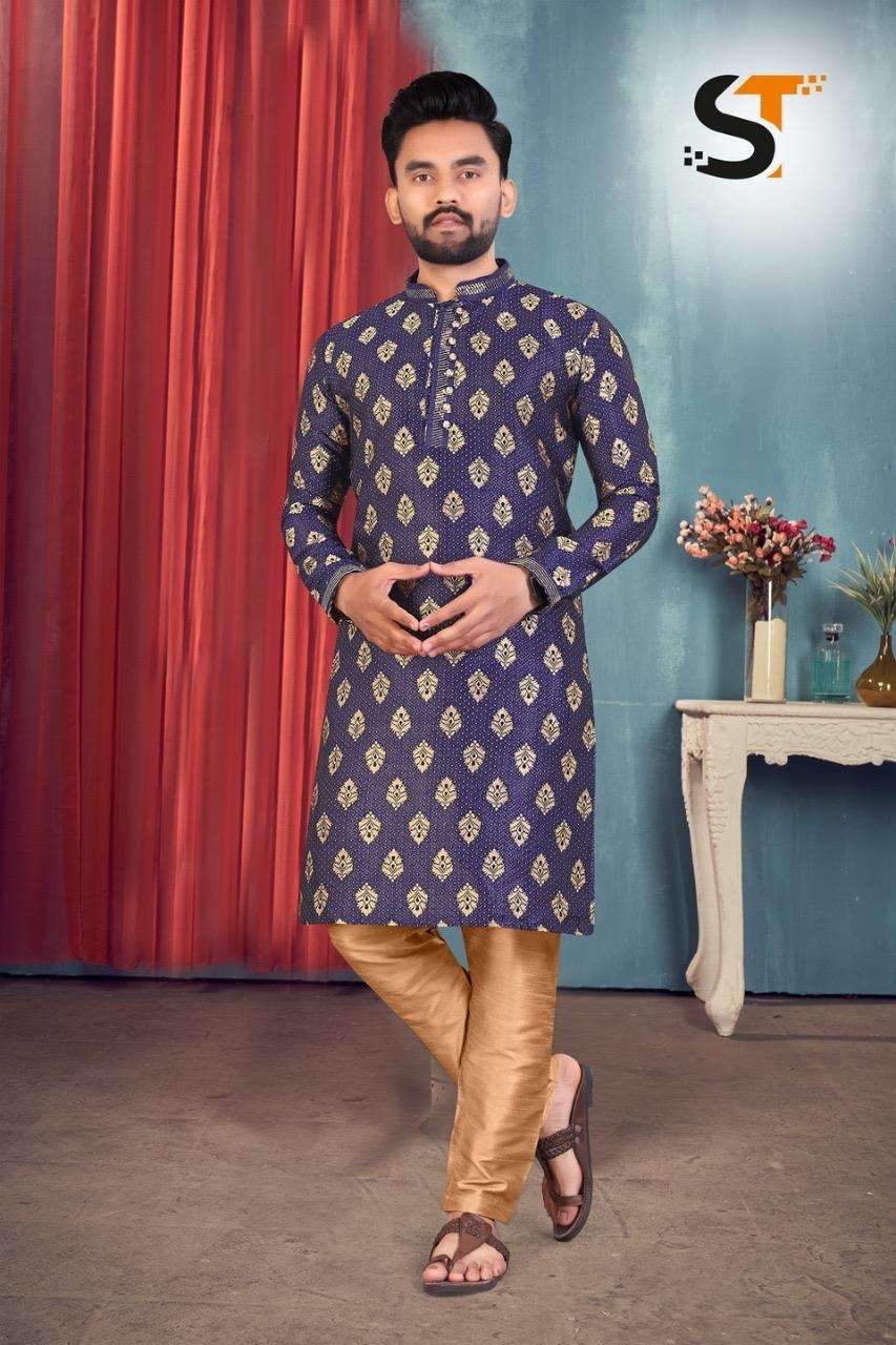 mens wear kurta pyjama catalogue name shaadi vol 2 fabric details kurta fabric acquard  with beautiful collor and tie payjama fabric silk total design 4 pcs size 38 to 44