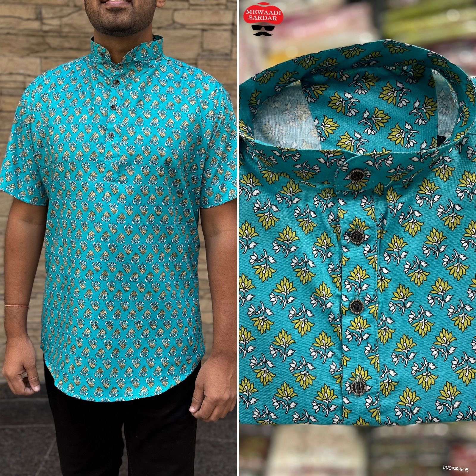puspha short kurta half sleeves for every celebration and also casual wear mens wear short kurta fabric printed cotton size m to xxl  size chart given mens wear kurta