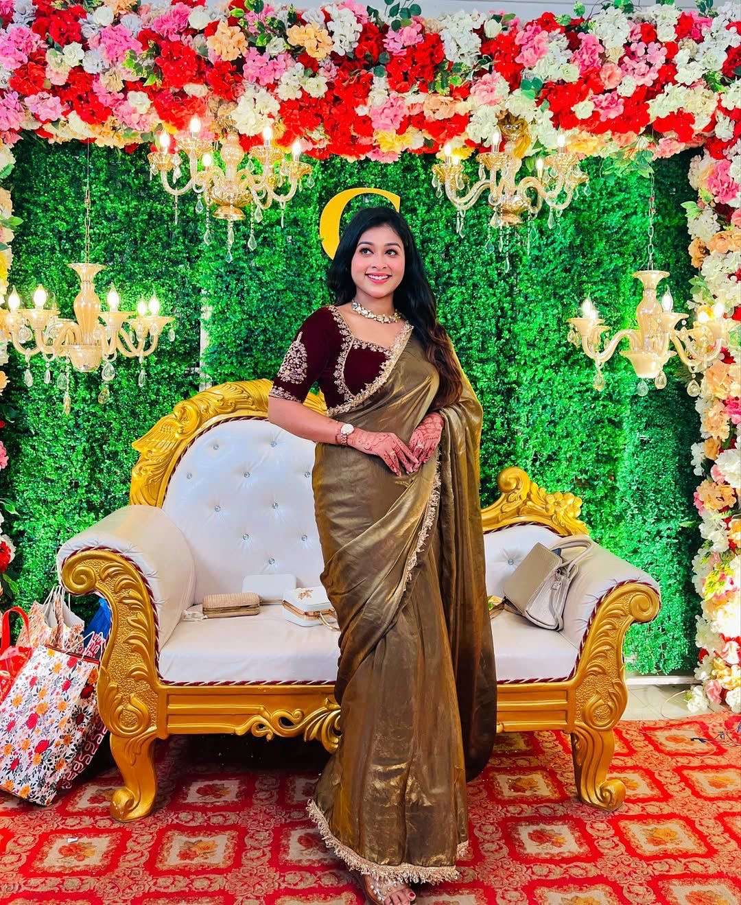 queen golden saree super hit soft shine golden saree best rich look with jimmy choo soft tissue fabric so shine with golden color along with designer lace combination designer saree