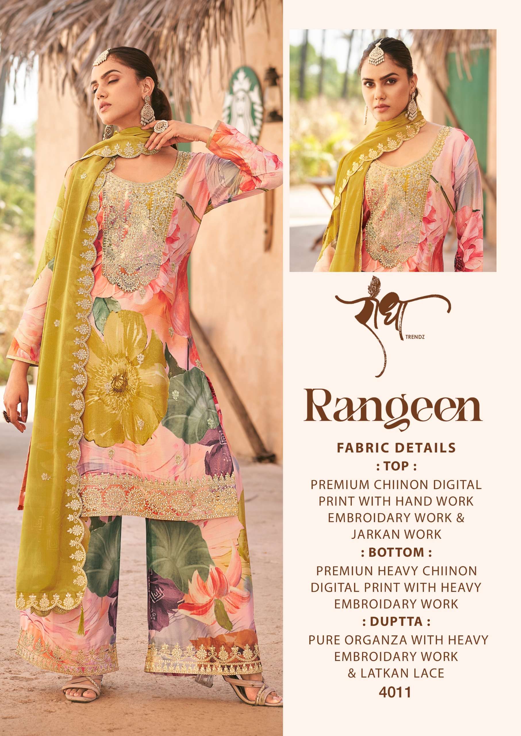 radha trendz catalogue rangeen top heavy premium chinon  with heavy embroidary work n hand work free size stitched bottom heavy premium chinon with digital print