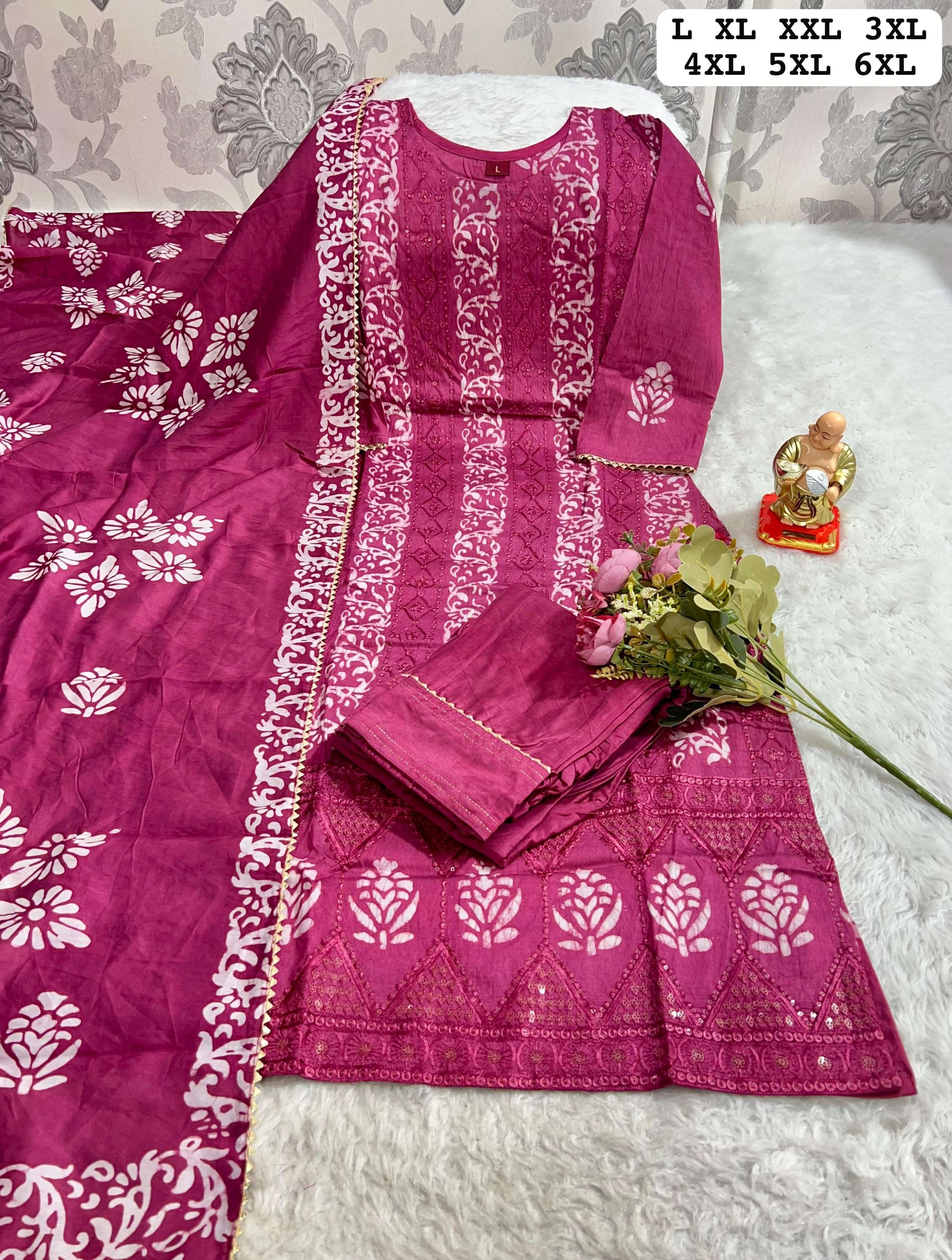 ready for your brunches weekend getaways and vacays with our wedding season collections hand work battik kurti with  hand work dupatta pents set fabric heavy battik print viscose size l  to 6xl