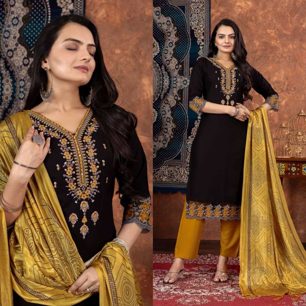 readymade straight cut suit catalogue rajans vol 1 designs 6 top rayon work embroidery bottom rayon dupatta bandhani print size m to xxl dailywear elegant readymade dresses
