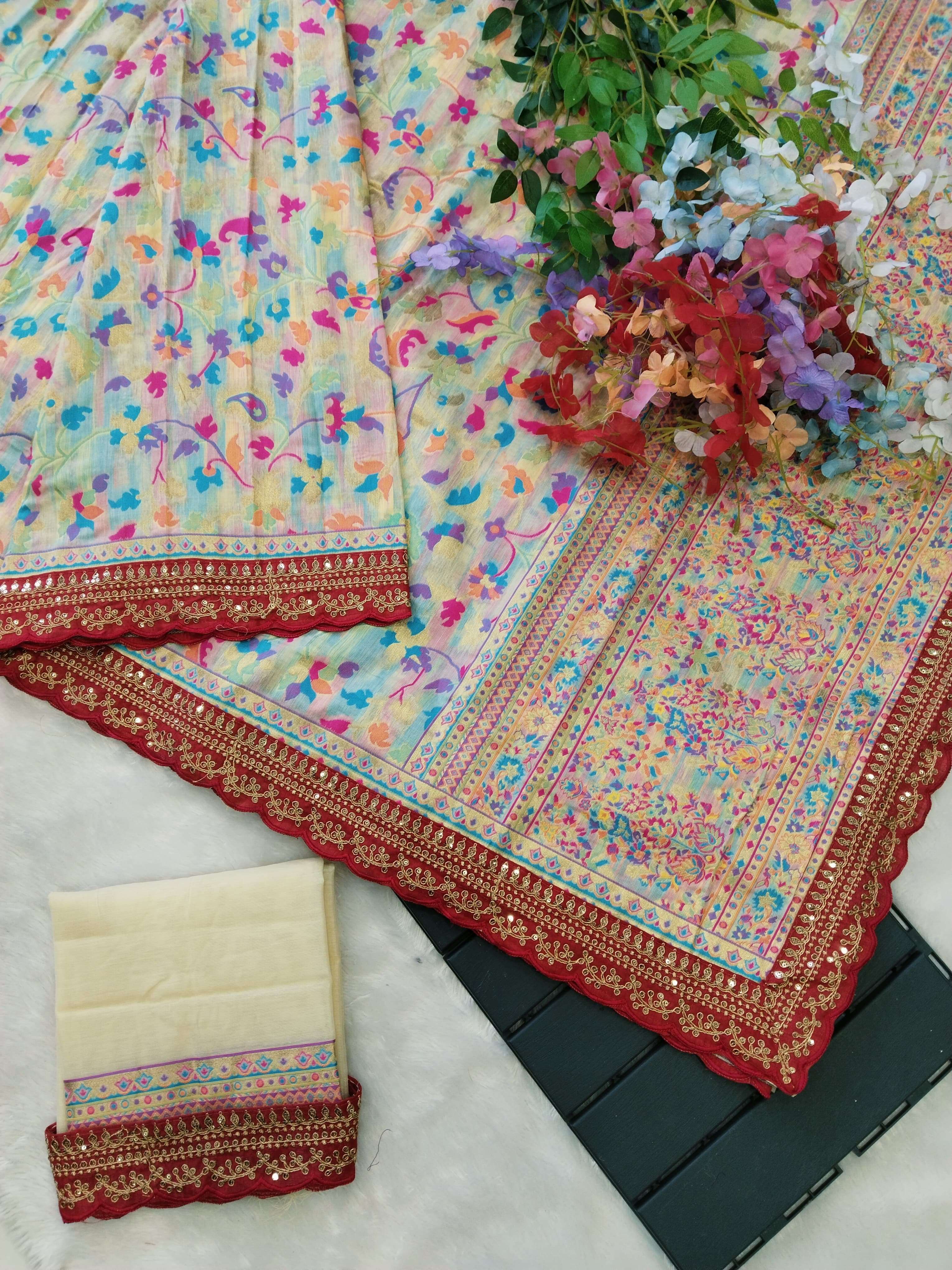 saree collection code asn 18 saree and blouse premium kashmiri cotton woven saree with colorful weaving with coding sequins work border work with unstiched blouse