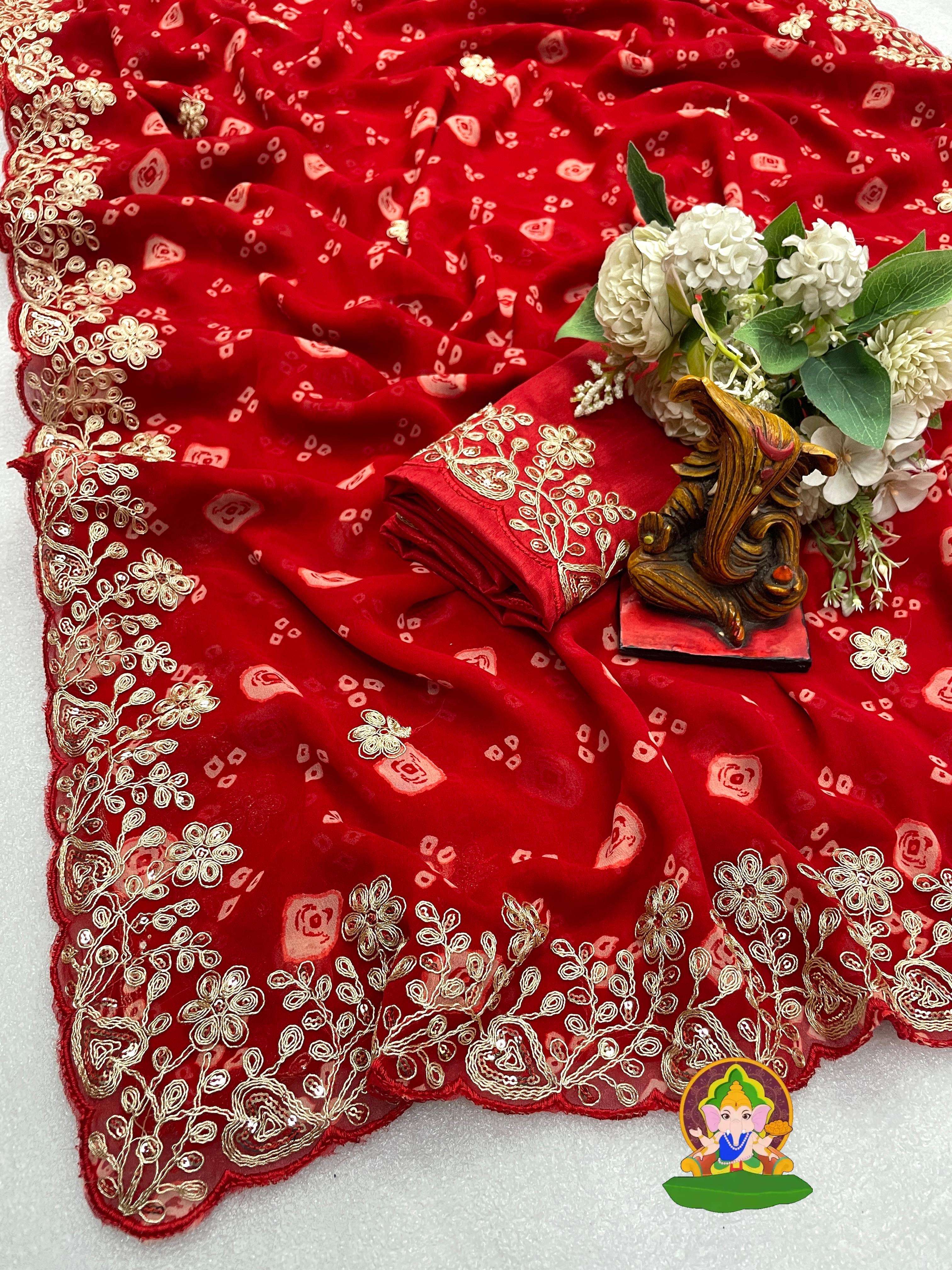 saree fabric soft c by c georgette fabric 2 colour with bandhni print saree with original sequence pitha dori embroidery n cutwork border blouse mono bangalori with embroidery