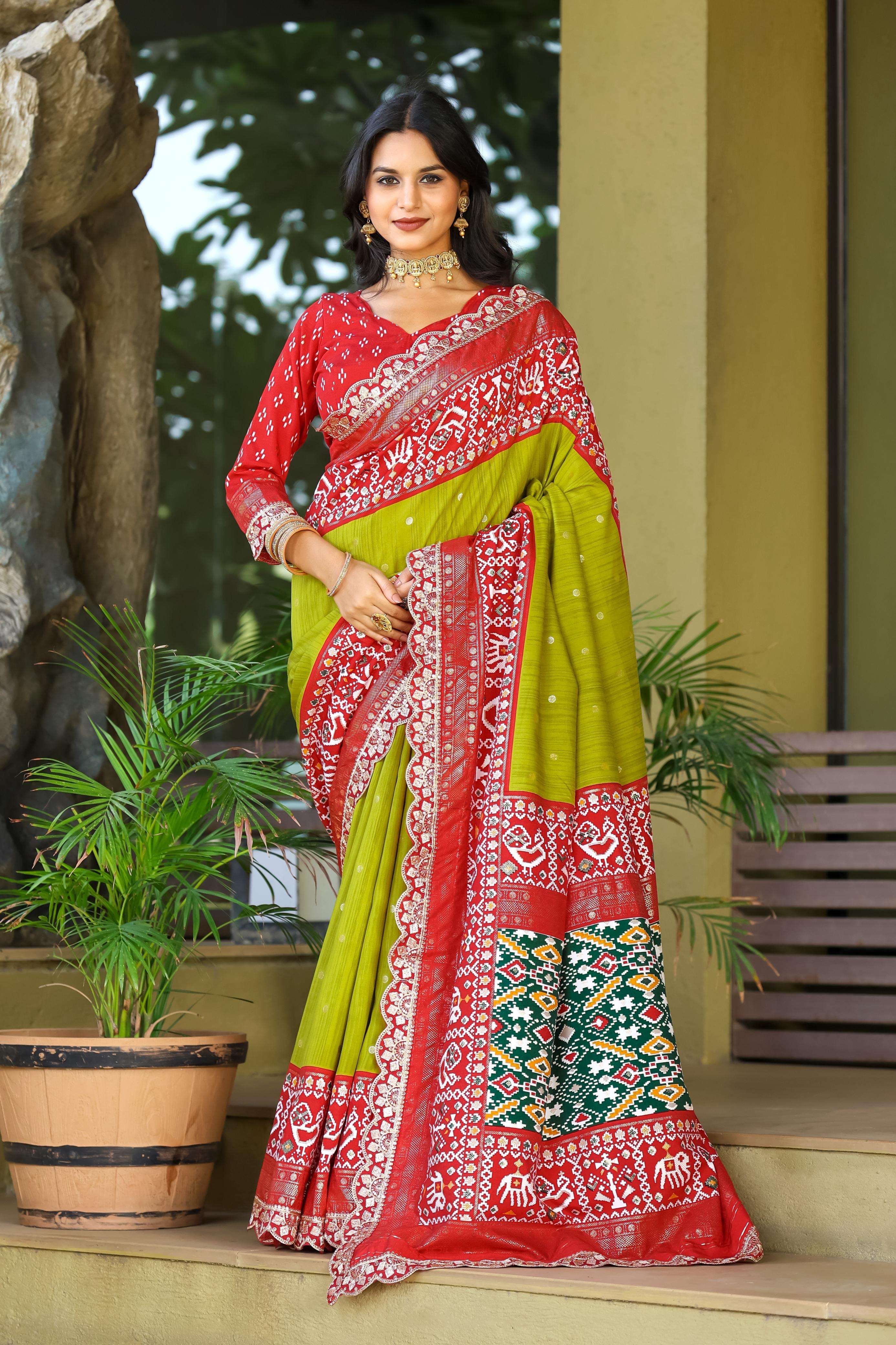 saree new exclusive premium pure patola silk saree with foil butties all over sarees atteched with heavy sequence lace border catalogue vip 2 designer dailywear saree