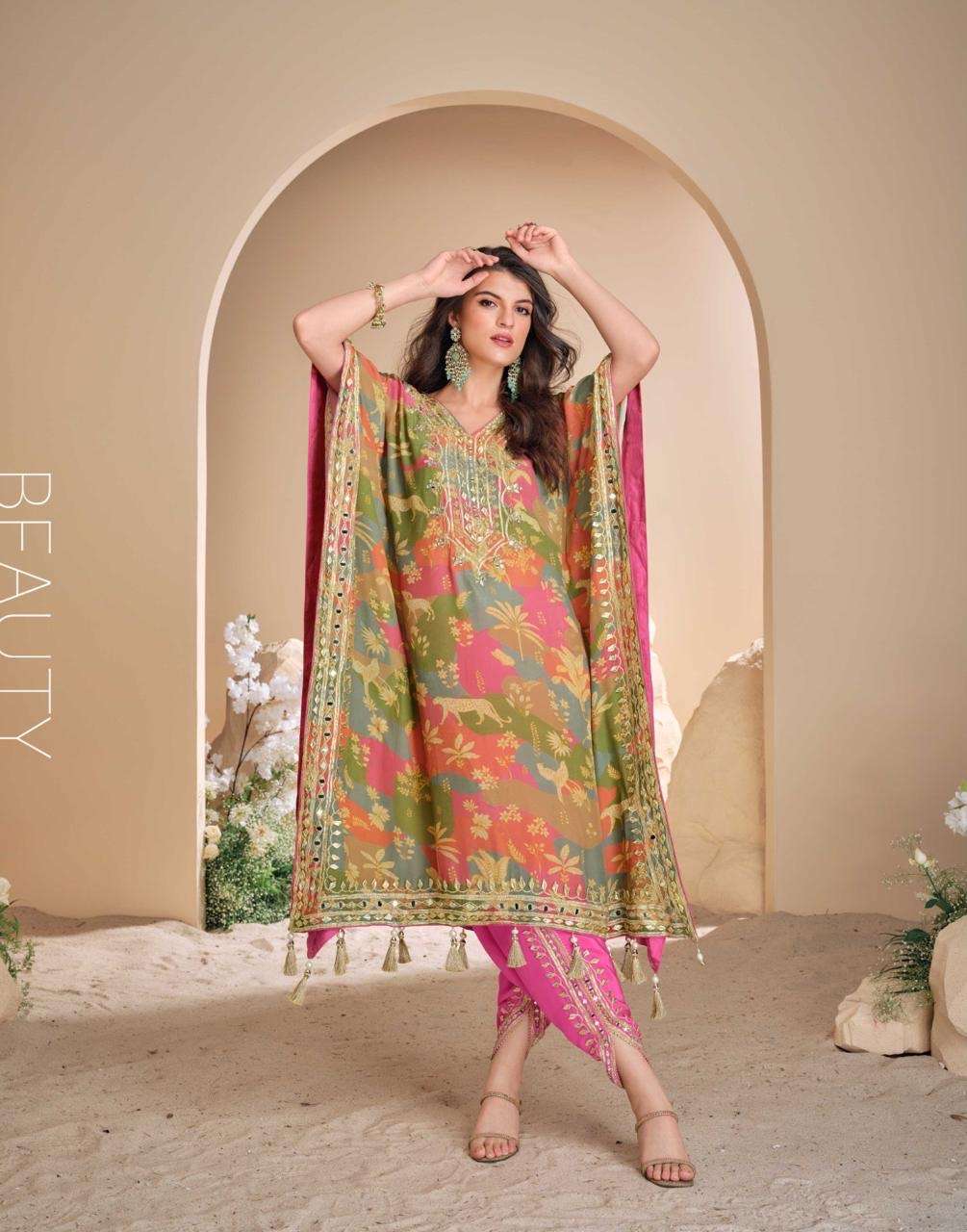 sayuri designer catalogue jhoomar series 5702 to 5705 fabric pure viscos natural crep silk n pure viscos simar organza silk latest trendy kaftan with tulip hand mirror work 