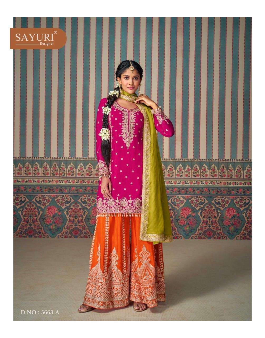 sayuri designer catalogue mahi pro series 5663 to 5664a fabric premium real chinon silk full heavy look embroidered work with all over hand embellished mirror work designer dresses
