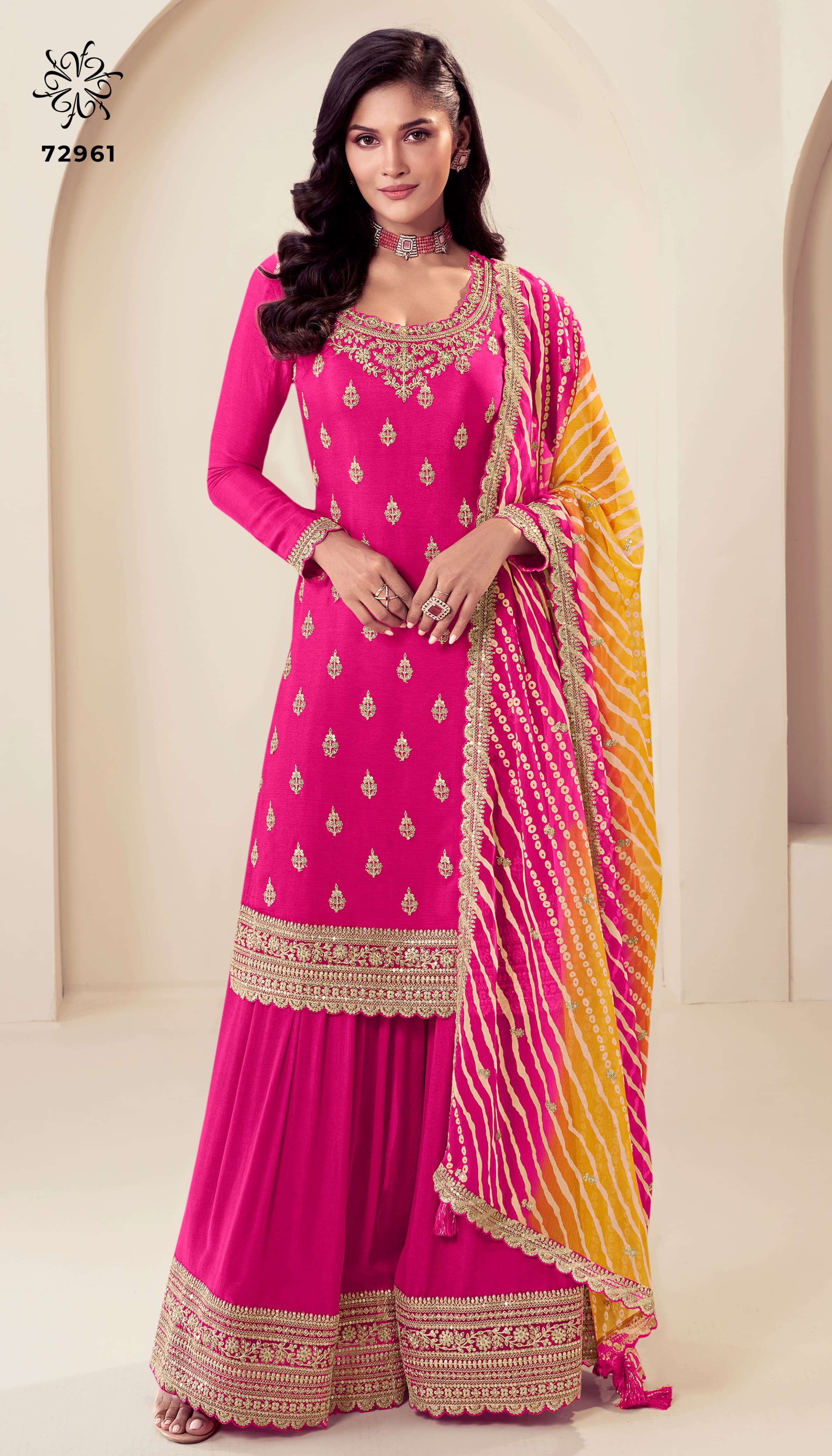 vinay fashion kuleesh catalogue rangplus series 72961 to 72965 top embroidered chinon bottom embroidered chinon sarara dupatta digital printed bemberg chiffon with embroidery work
