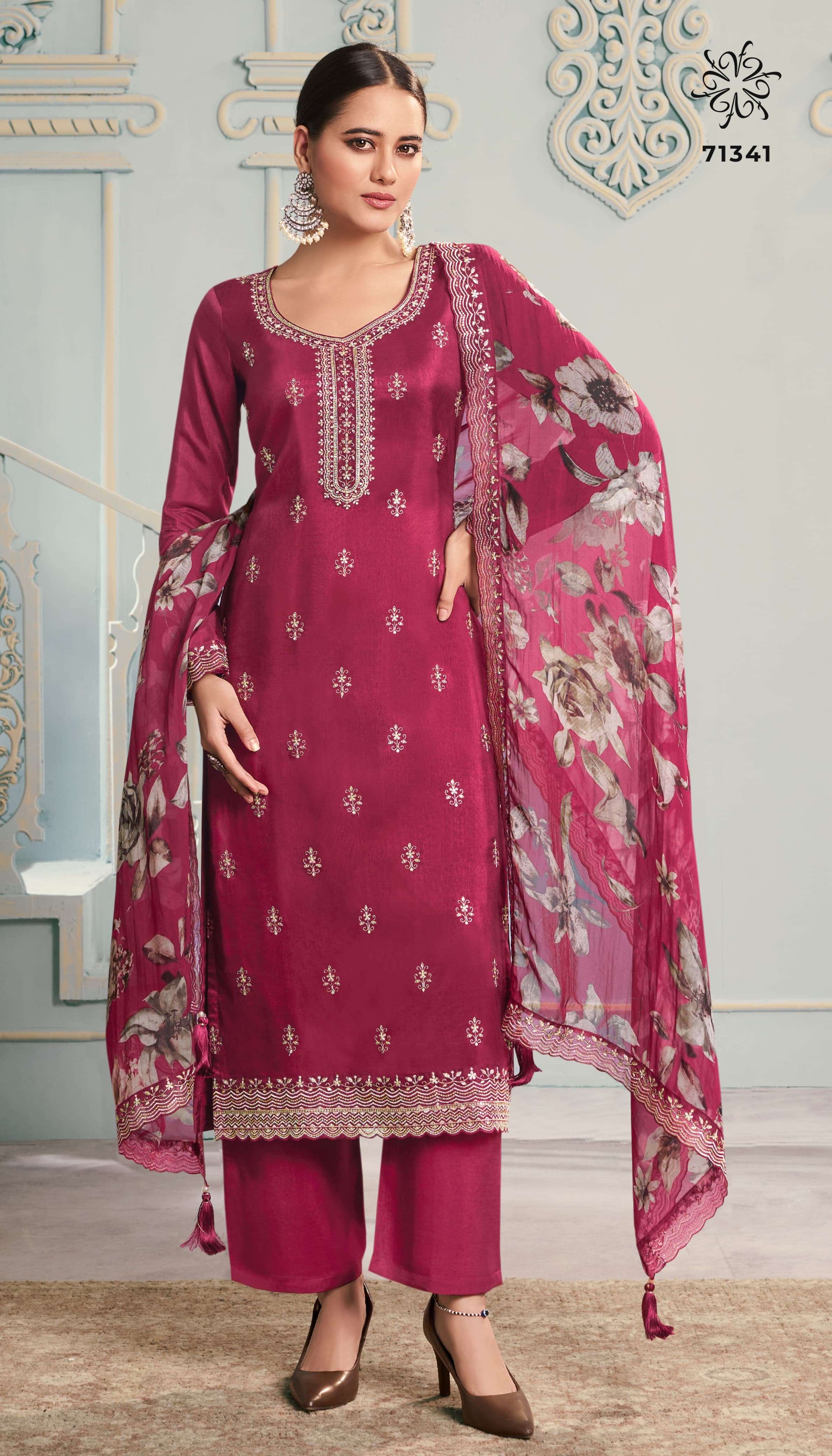 vinay fashion llp catalogue shivangi series 71341 to 71344 dress matarials fabric details top embroidered moonga silk bottom santoon dupatta  digital printed vis organza dupatta
