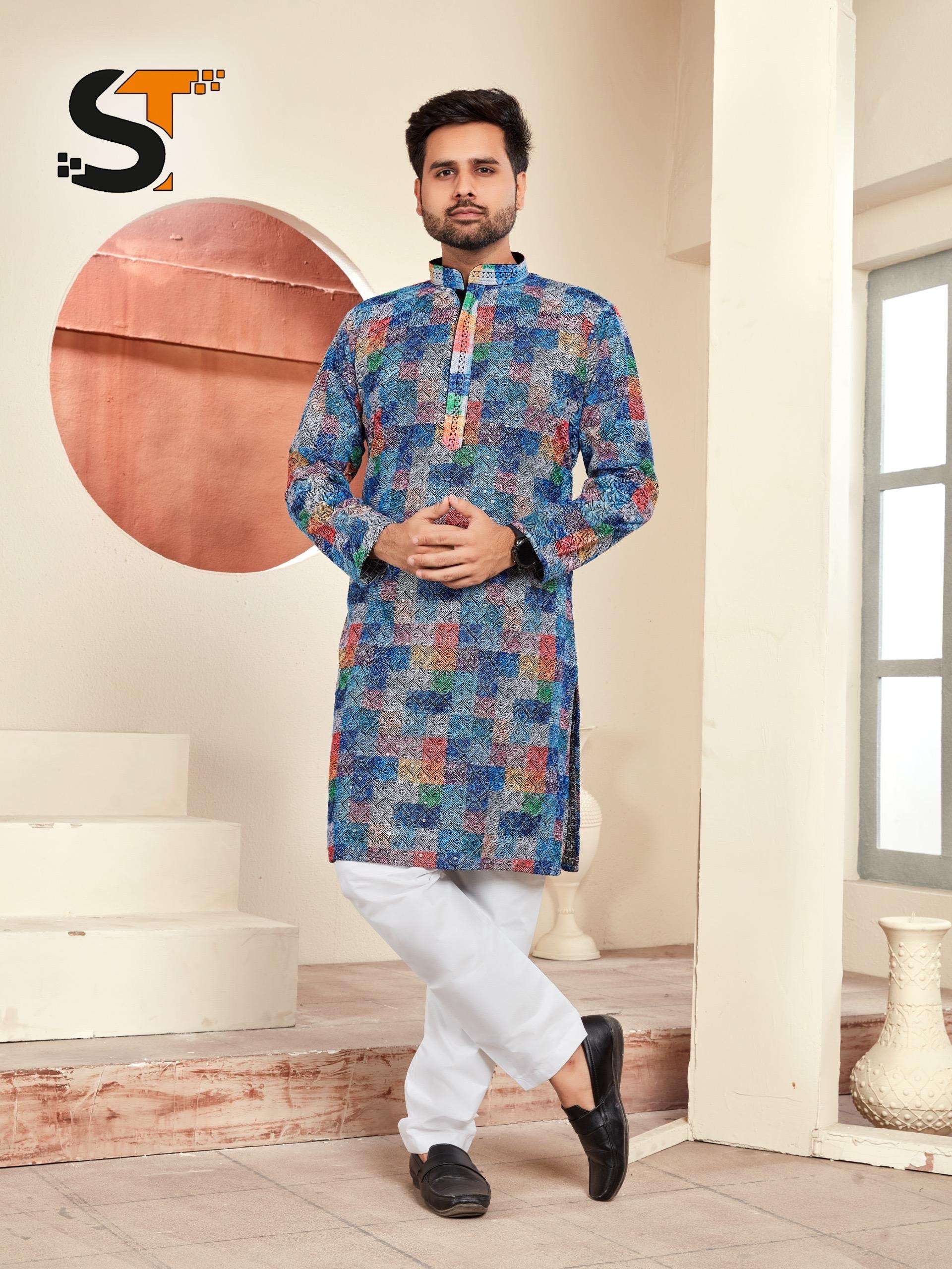 wedding special mens wear traditional chikan work with print kurta for all beautiful occasions new design heavy concept 14 kg heavy rayon chikan work size  m to xl size chart provided