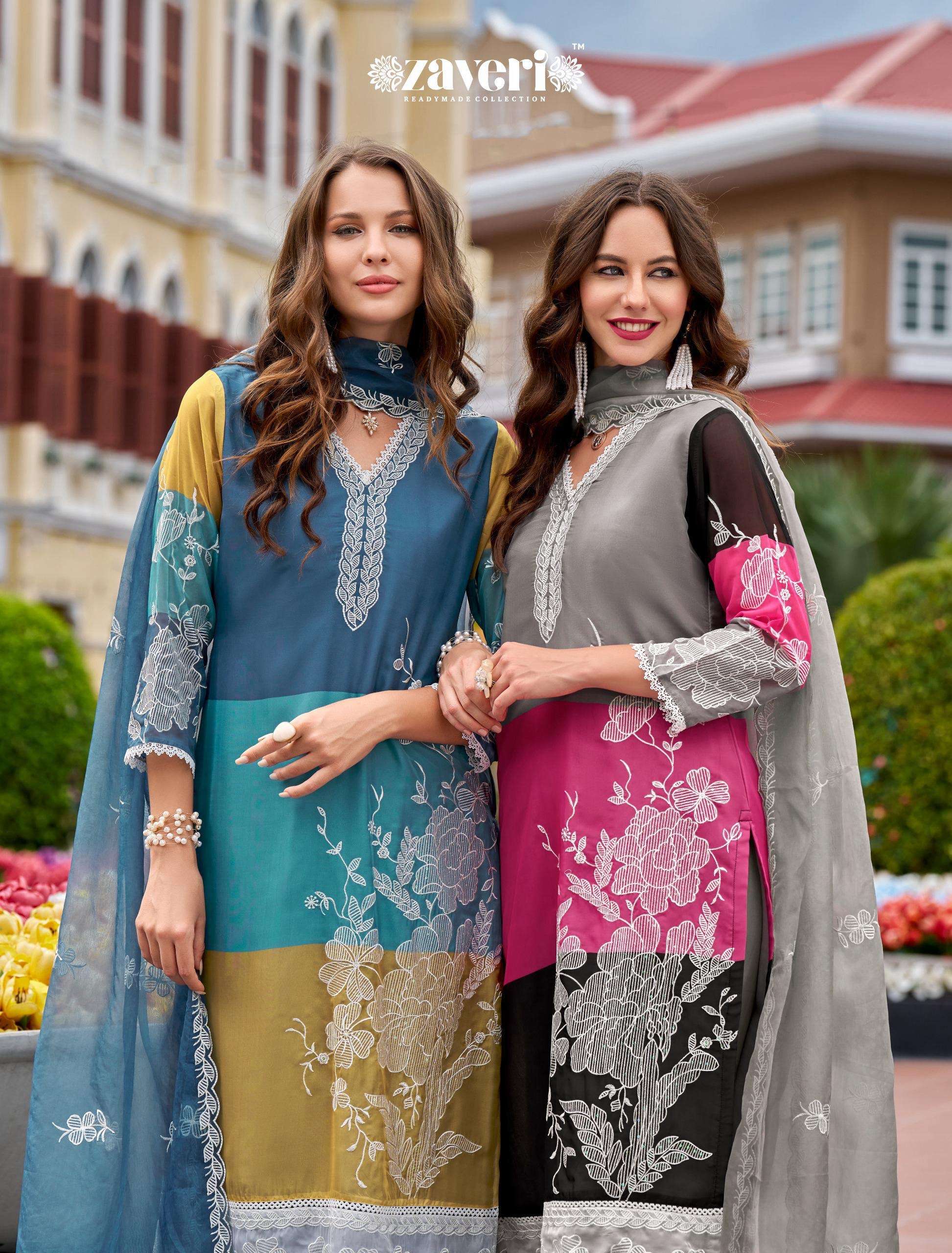 zaveri catalogue adorn series 1388 to 1389 top soft organza digital print n emboidery work duppta soft organza with embroidery bottom heavy silk size m to 3xl readymade suits