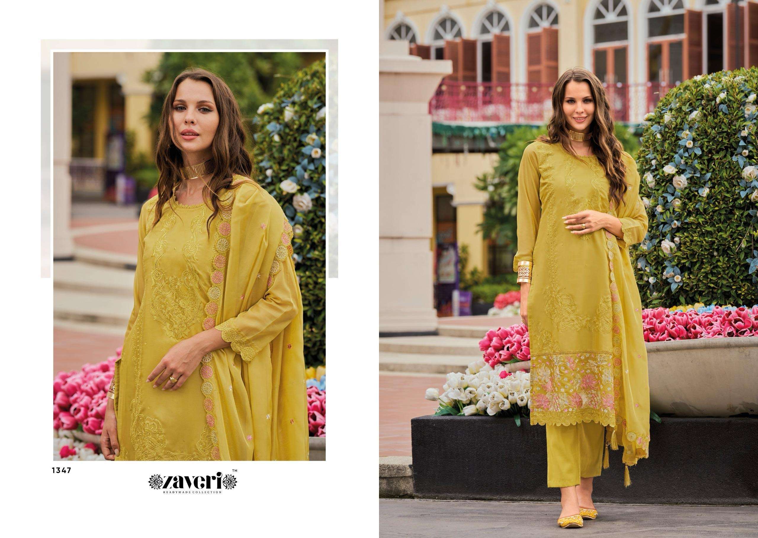 zaveri catalogue mritsa series 1347 to 1348 top soft organza emboidery work duppta soft organza with embroidery bottom heavy silk size m to 3xl readymade suits