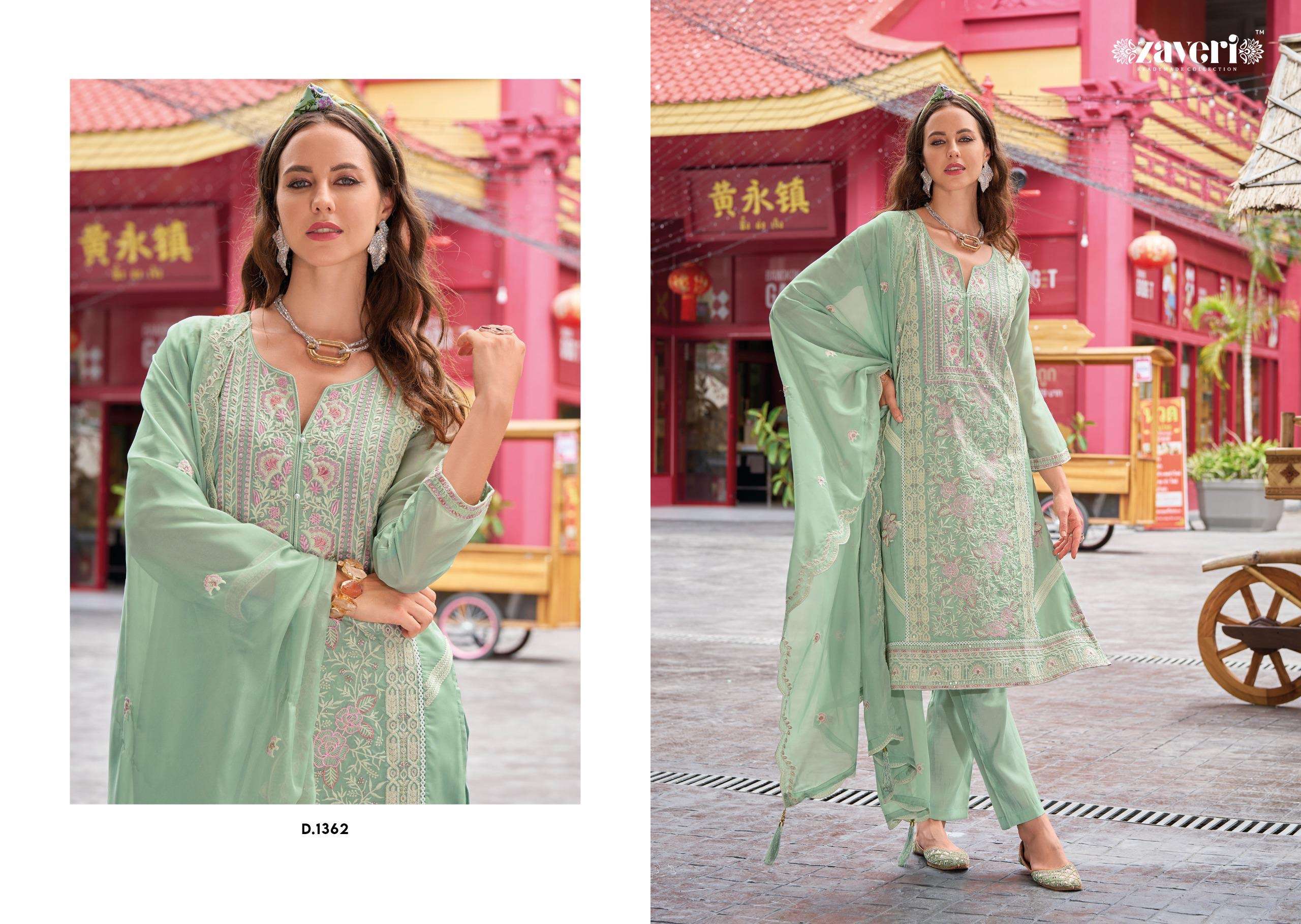 zaveri readymade catalogue alvina series 1362 to 1363 designer readymade suit top soft blooming organza emboidery work duppta soft  organza with embroidery bottom heavy silk size m to 3xl