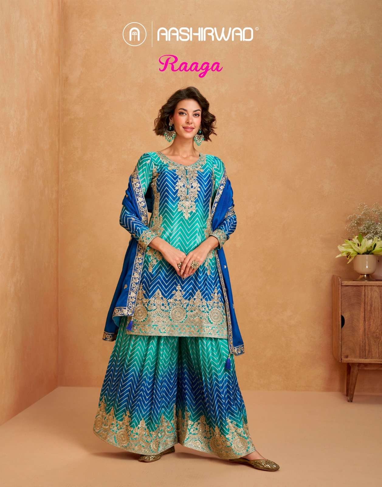 aashirwaad creation catalogue raaga series 10280 to 10283 top premium chinnon silk free size stitch plazzo premium chinnon silk free size stitch duptta premium chinnon