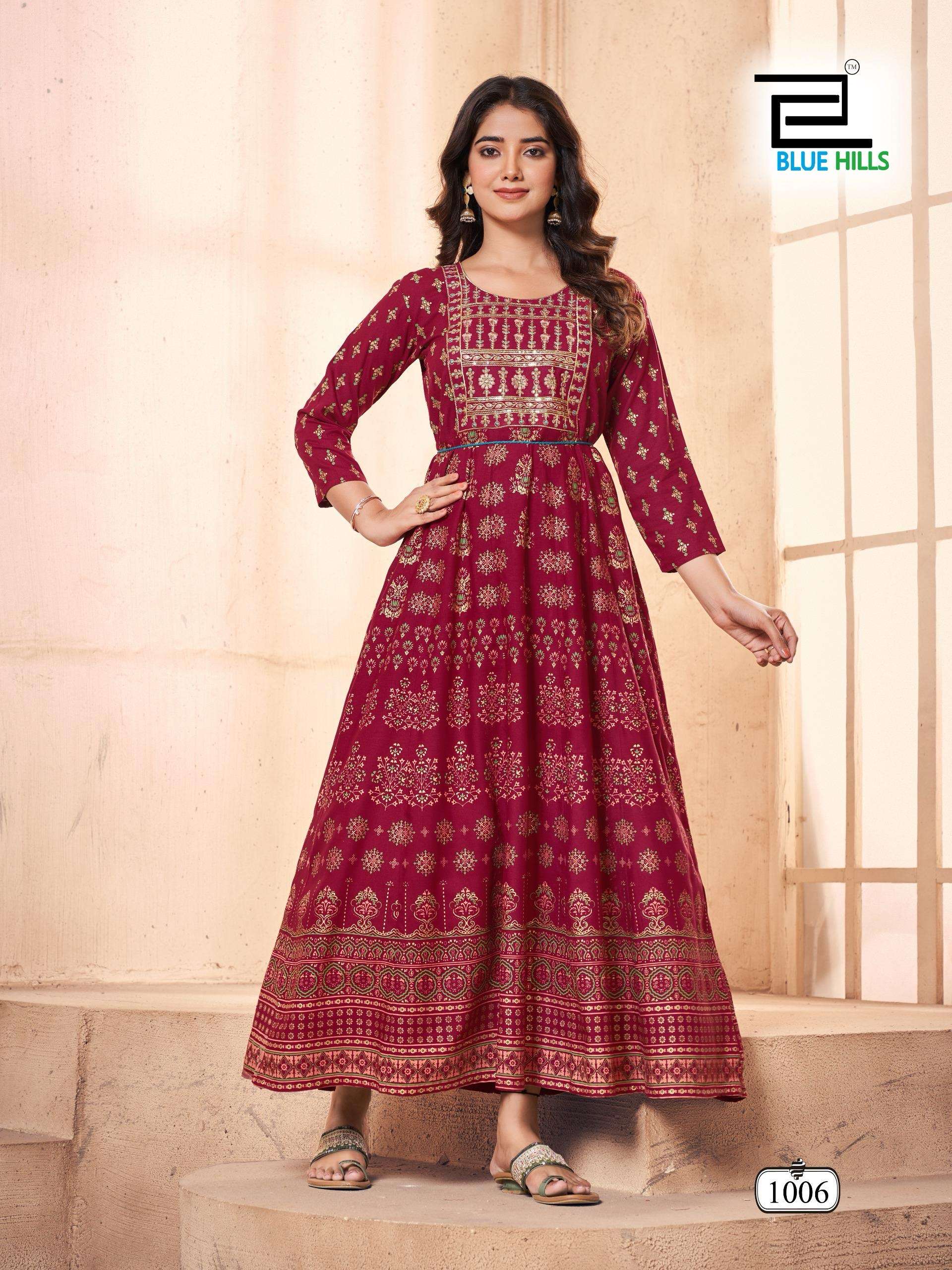akshara long anarkali gown with embroidery work fabric 14kg rayon print with embroidery work accessories belt  size m to xxl length 54 kurtie gown