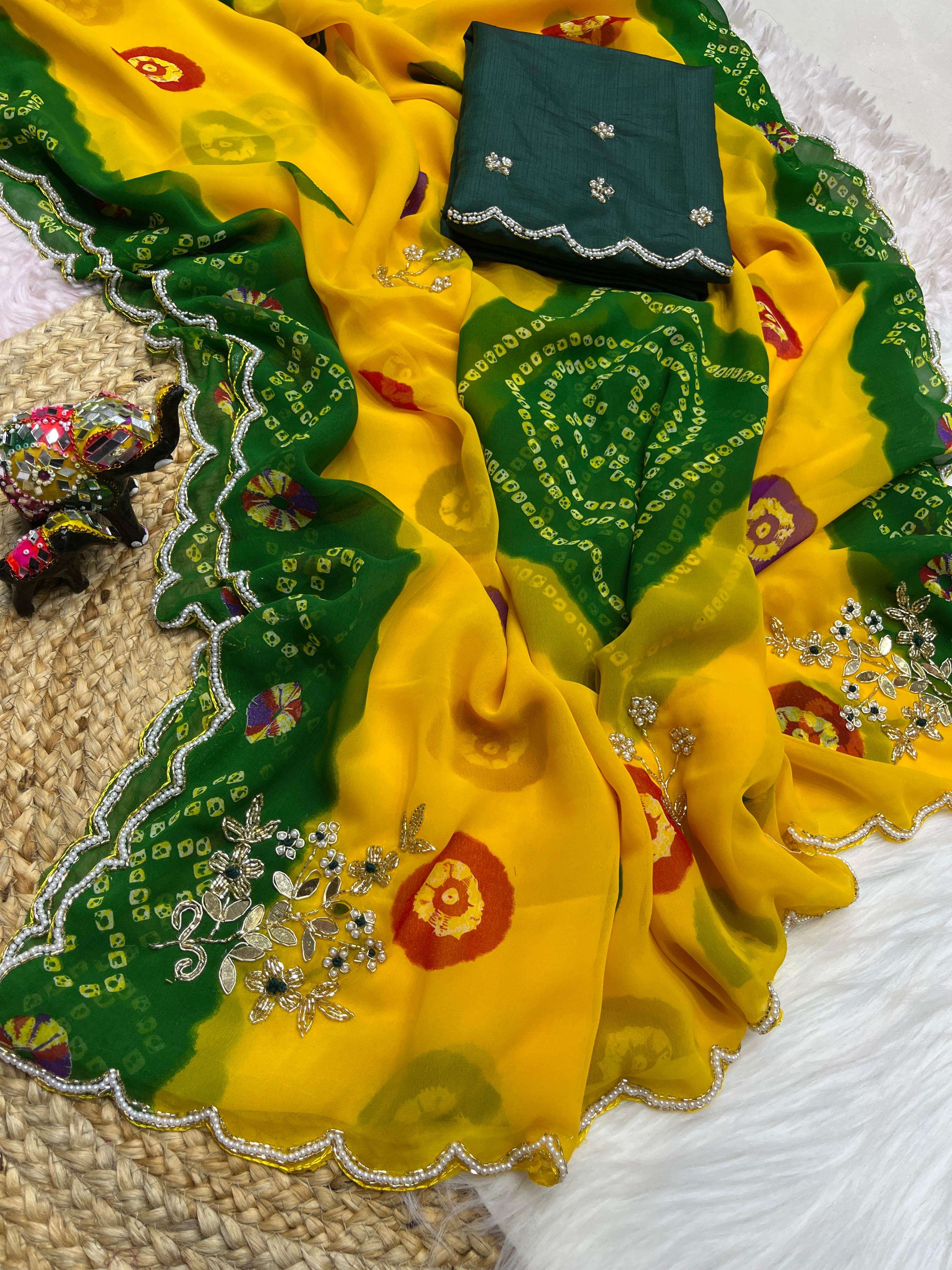 c by c georgette x handwork bandej sarees fabric beautiful soft c by c georgette work heavy handwork khatli moti butta for a rich look handwork butti throughout the saree designer saree