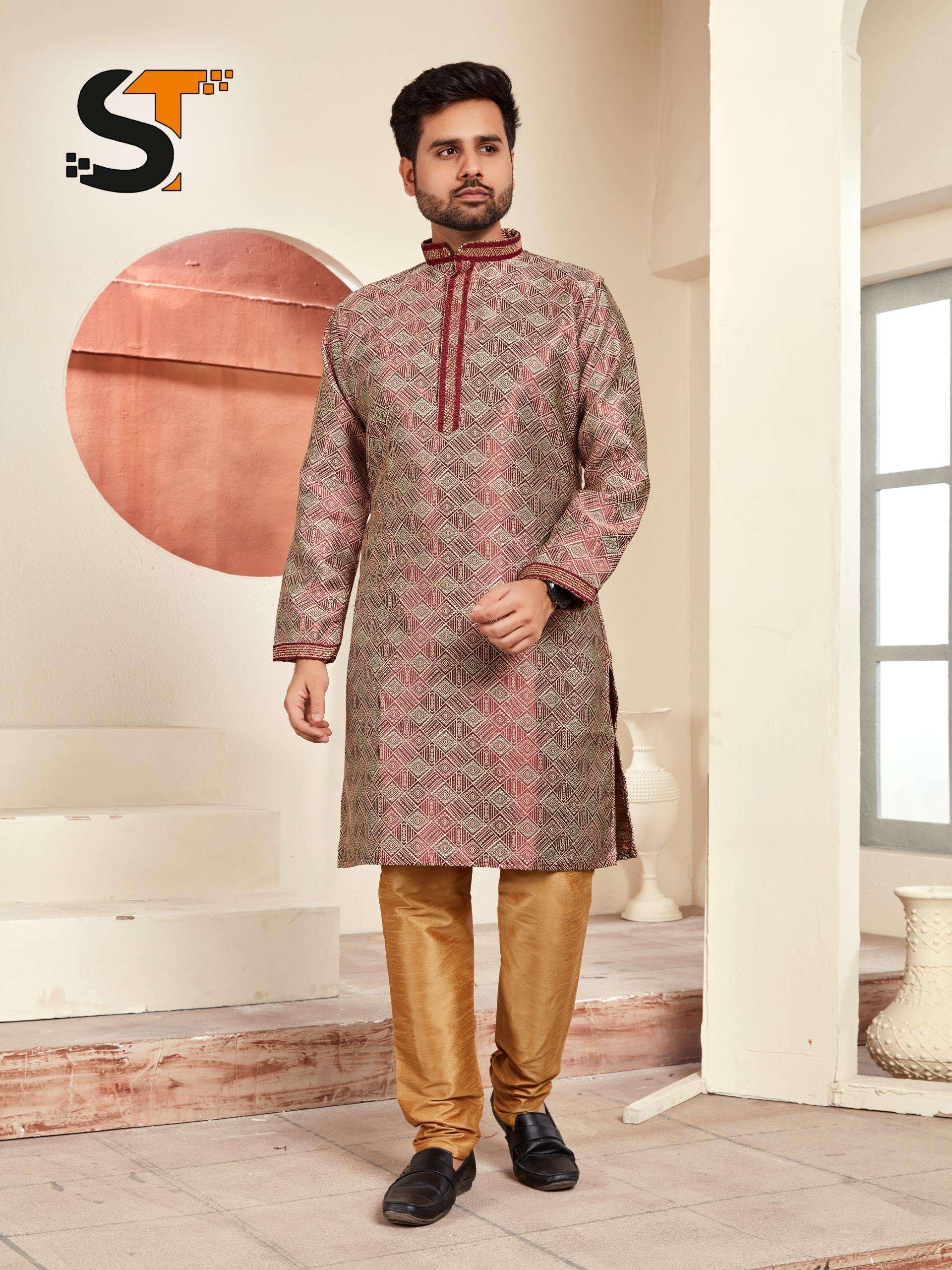 catalog name shadi vol 3 fabric details kurta fabric jacquard with beautiful collor and tie pajama fabric silk total design 4 pcs size 38 to 42 kurta pyjama