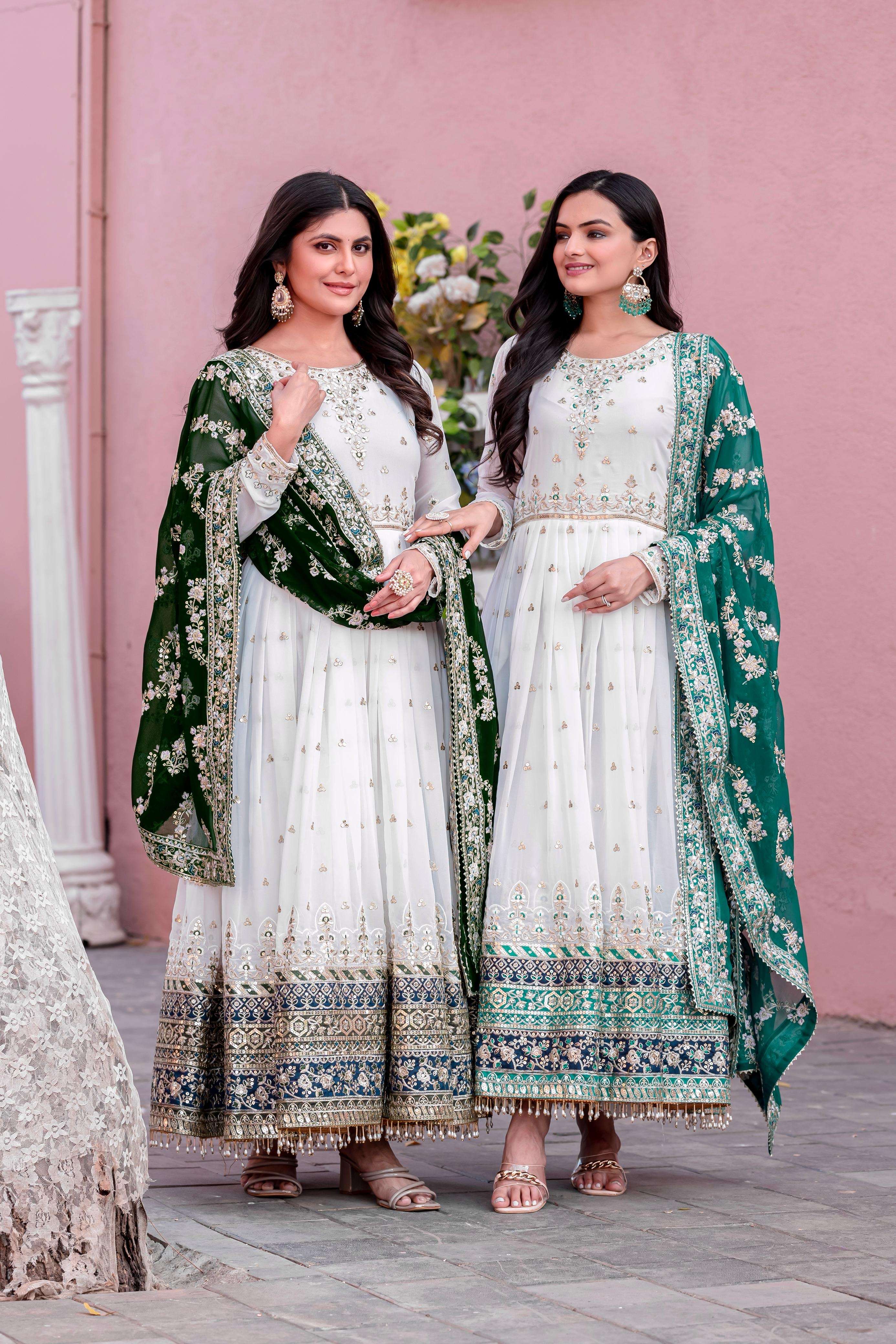 code ad195 new colours gown fabric n work heavy faux georgette with embroidery 5 mm sequence work with fancy latkan border with sleeve with tassels size up to 42 xl free size 