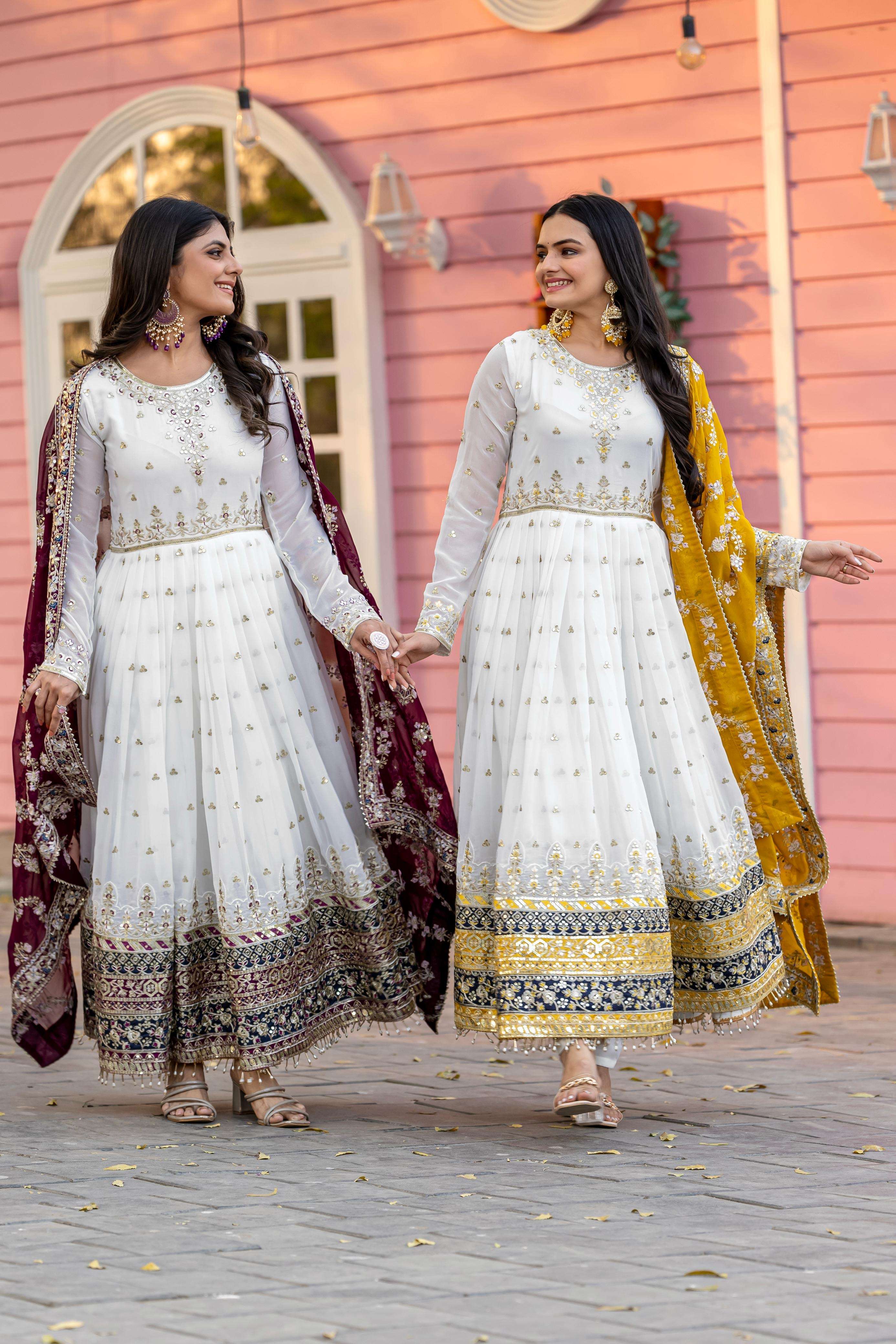 design number code ad195 gown fabric n work heavy faux georgette with embroidery 5 mm sequence work with fancy latkan border with sleeve with tassels size up to 42 xl free size
