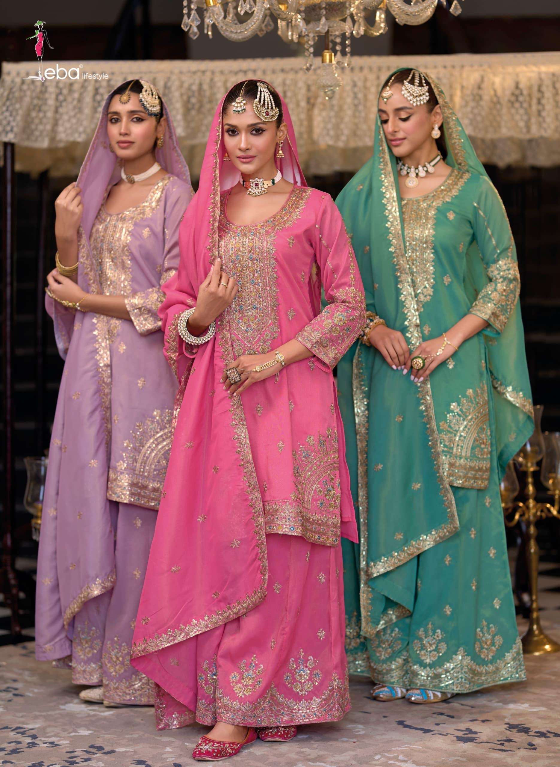 eba lifestyle catalogue cosmos series 1874 to 1876 top simar with embroidery plazo simar  with embroidery work duppta simiar with embroidery work size m to 3xl designer suits