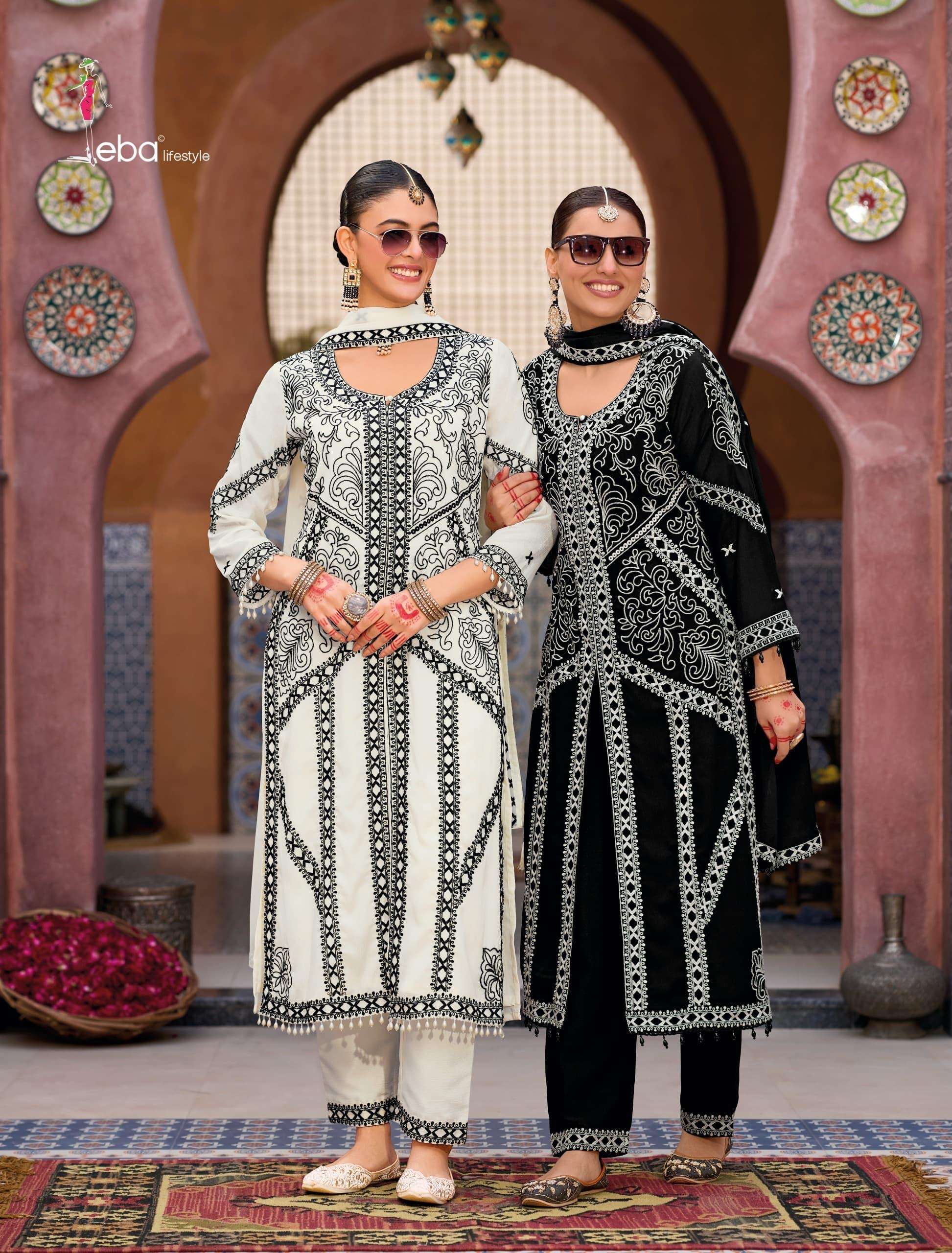 eba lifestyle catalogue kase black n white top heavy chinon with emboidery work duppta heavy chinon with emboidery work pant chinon with emboidery size m to 3xl