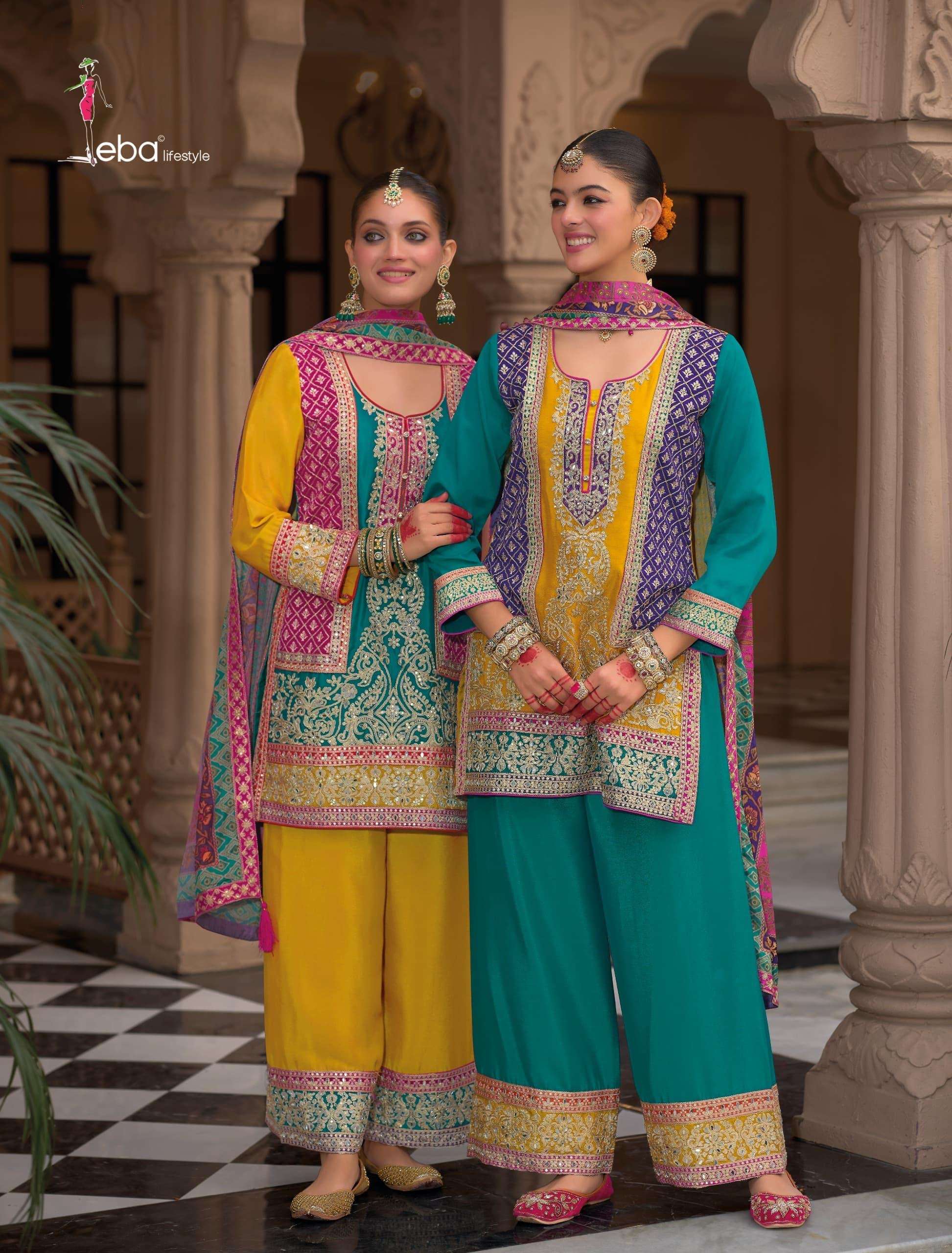 eba lifestyle catalogue kasturi series 1831 to 1832 top heavy chinon with embroidery work duppta chinon digital print with  emboidery work plazo heavy chinon with embroidery front n back work 