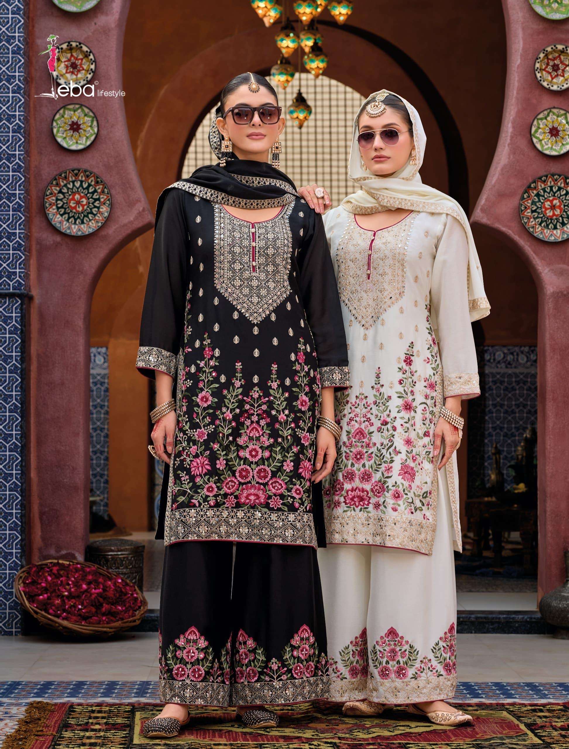 eba lifestyle catalogue kaya 1833 to 1834 top chinon with emboidery work duppta chinon digital print  with embroidery plazo chinon with embroidery work size m to 3xl