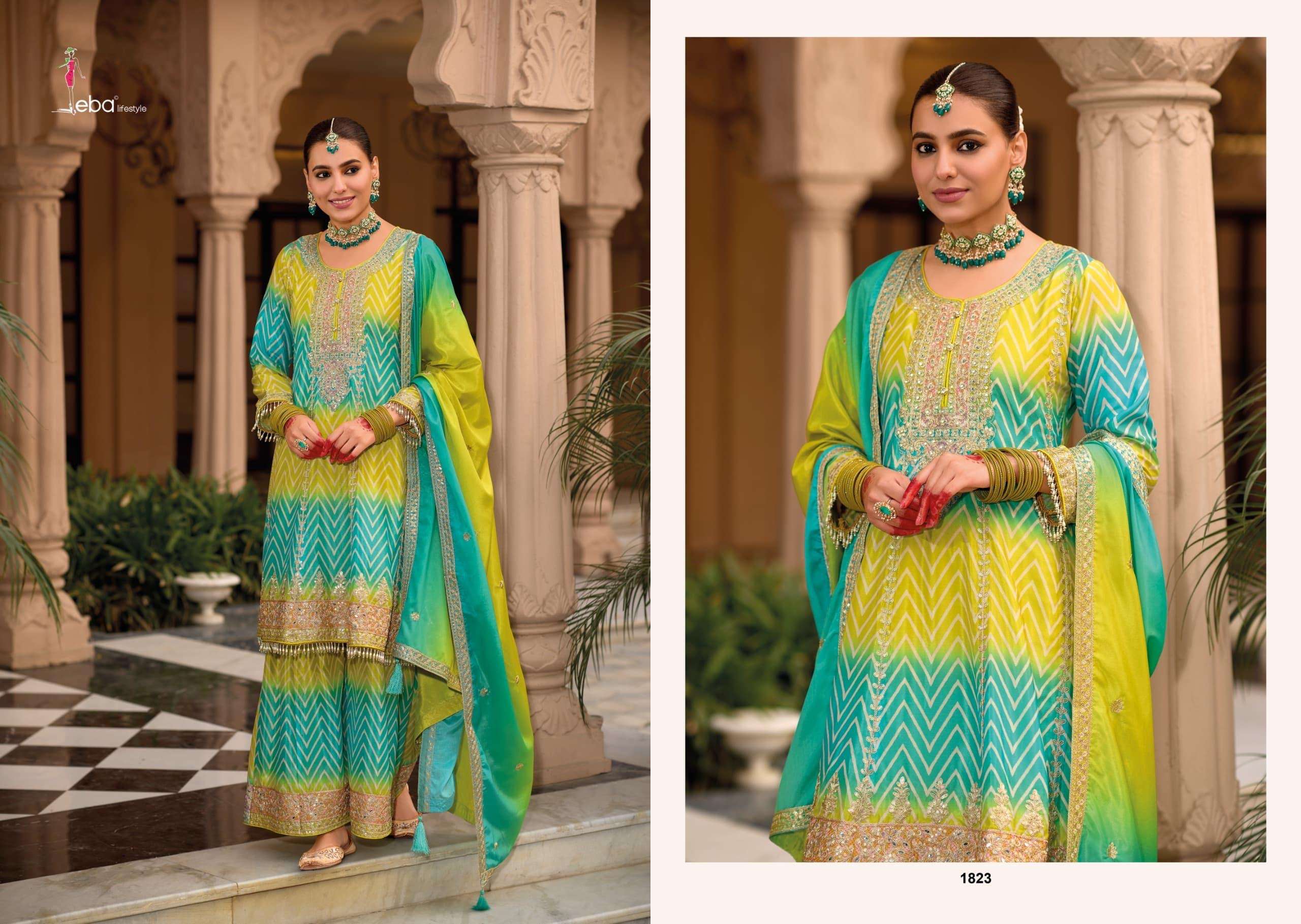 eba lifestyle catalogue lehar series 1822 to 1823 top chinon digital print with emboidery work duppta chinon digital print with embroidery plazo chinon digital print with embroidery work size m to 3xl