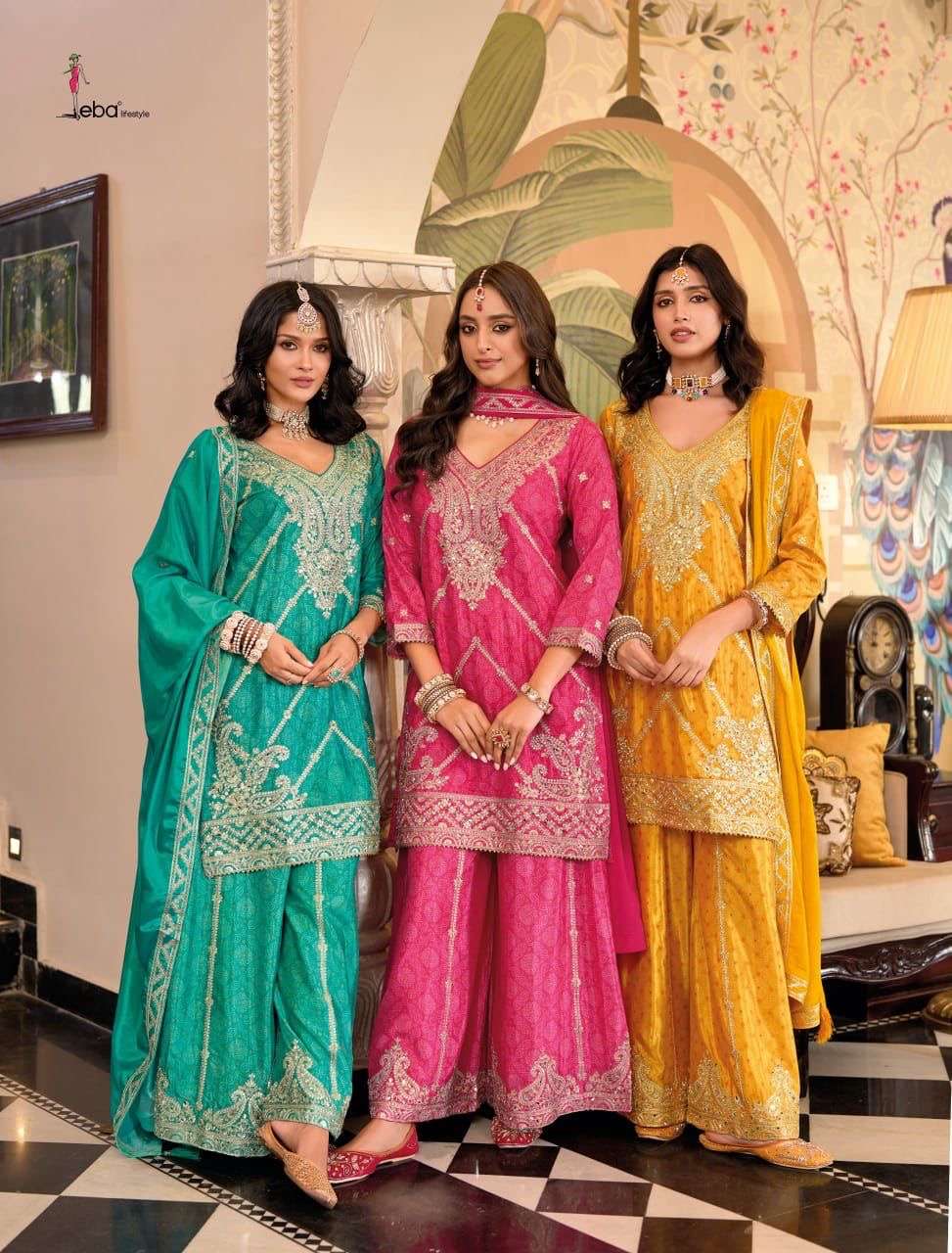 eba lifestyle catalogue sangam series 1857 to 1859 chinon digital print with emboidery work duppta chinon digital print with emboidery work plazo chinon digital print with embroidery